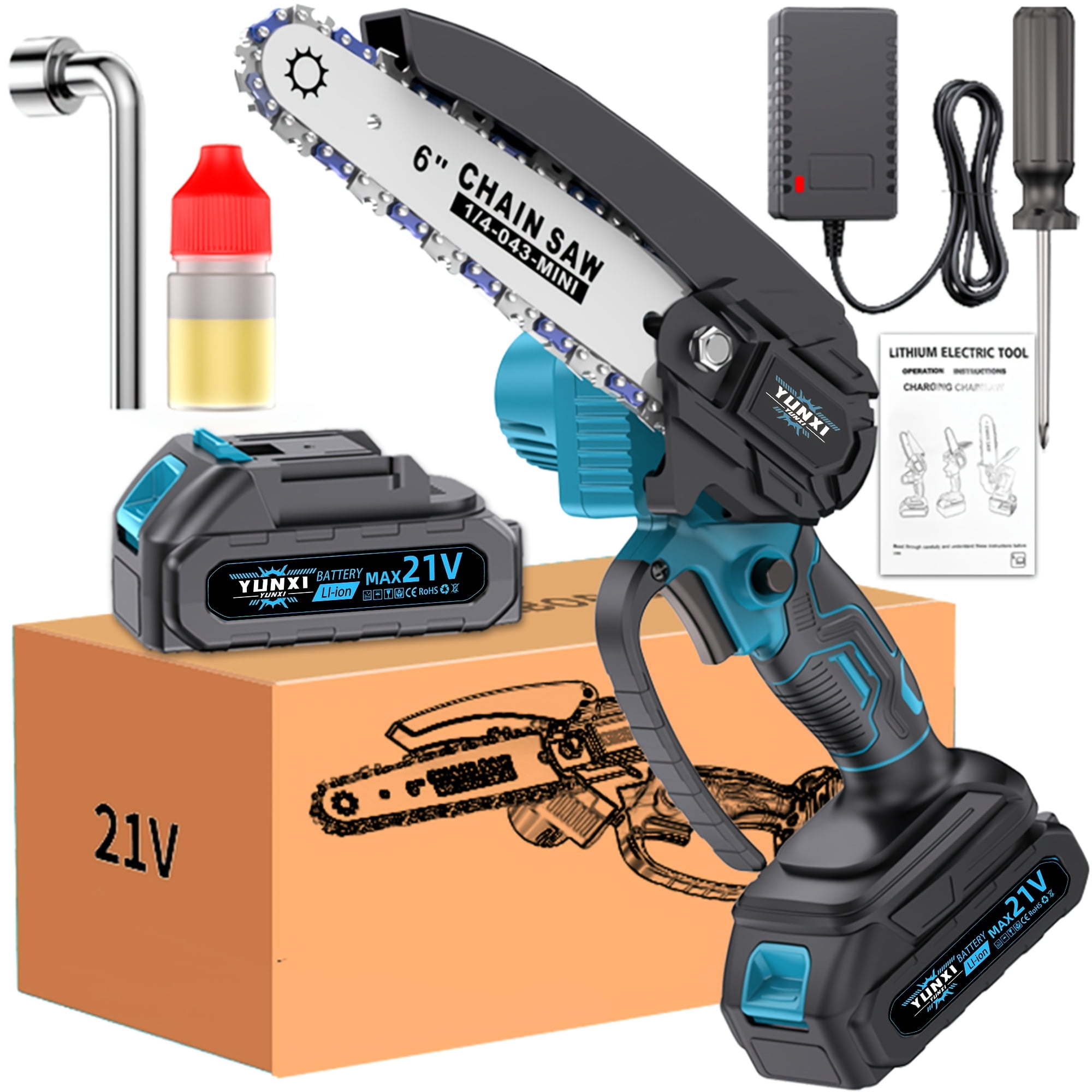 YUNXI Cordless Mini Chainsaw, Portable Battery Powered Handheld Saw for Garden Tree Pruning and Wood Cutting (6 in) bsvrv