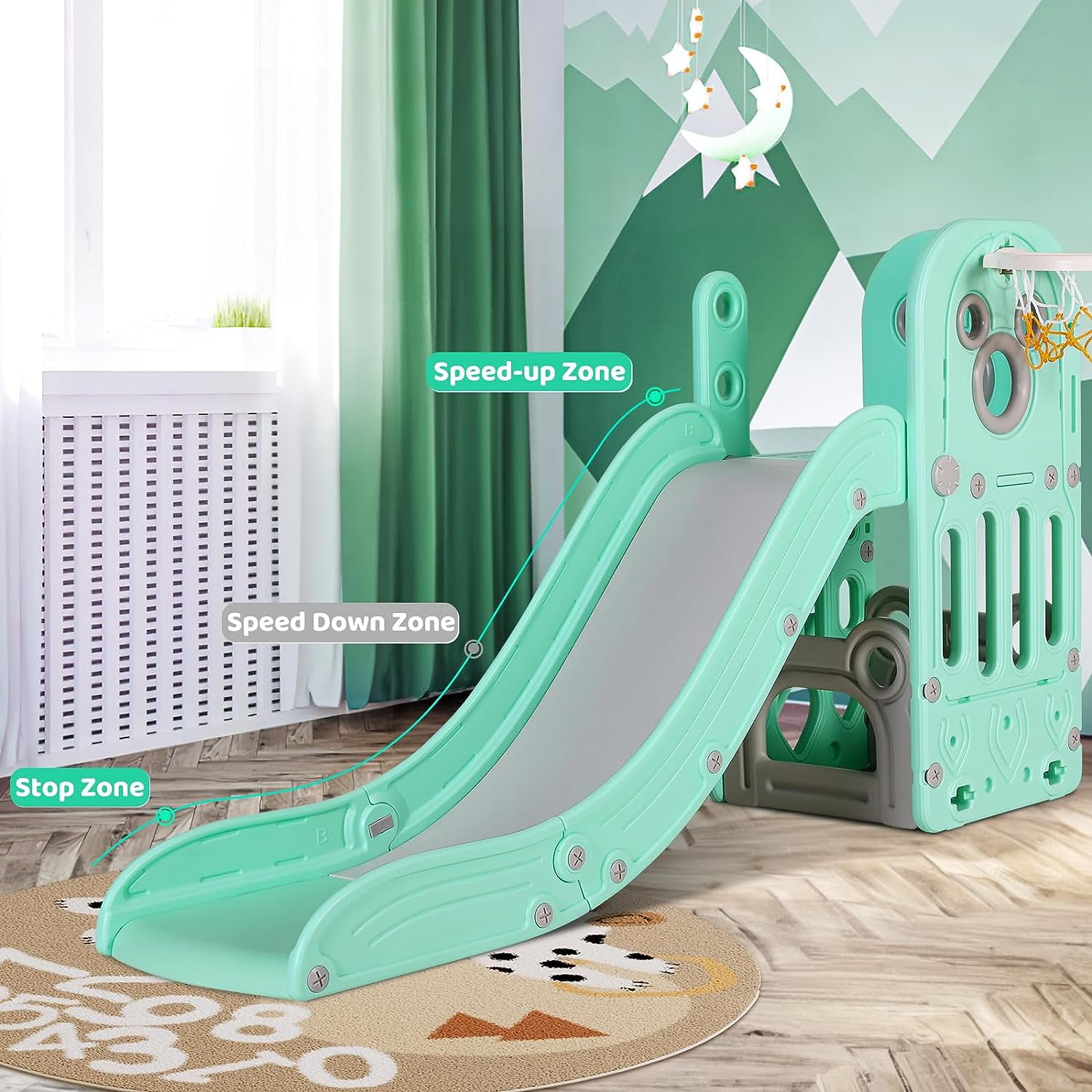 LAZY BUDDY 4-in-1 Toddler Slide and Climber Playset with Basketball Hoop (Green) abxyq