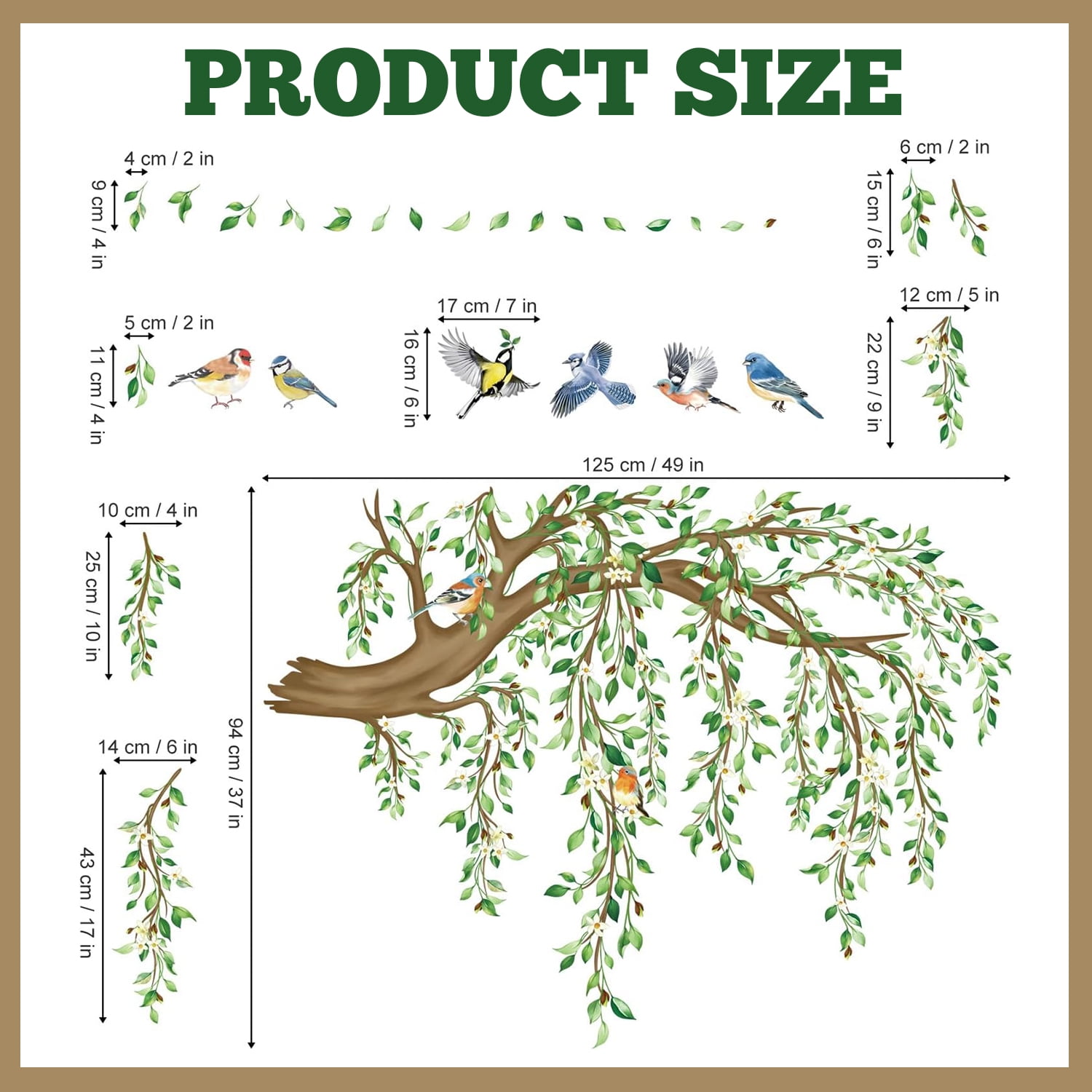 Style-Carry Hanging Vine Wall Decals, Tree Branch Green Leaf Flower Bird Stickers for Living Room Bedroom Decor (Green, 4 Sheets, 11.8 in x 35.4 in) 18n8g