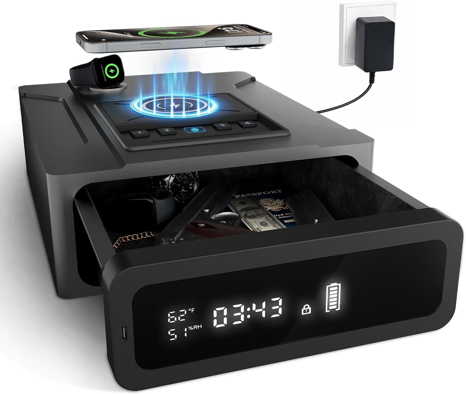XDeer Biometric Smart Safe with Wireless Charging and Digital Clock (Black, 12.59 in x 10.2 in x 3.93 in) 2fhlj