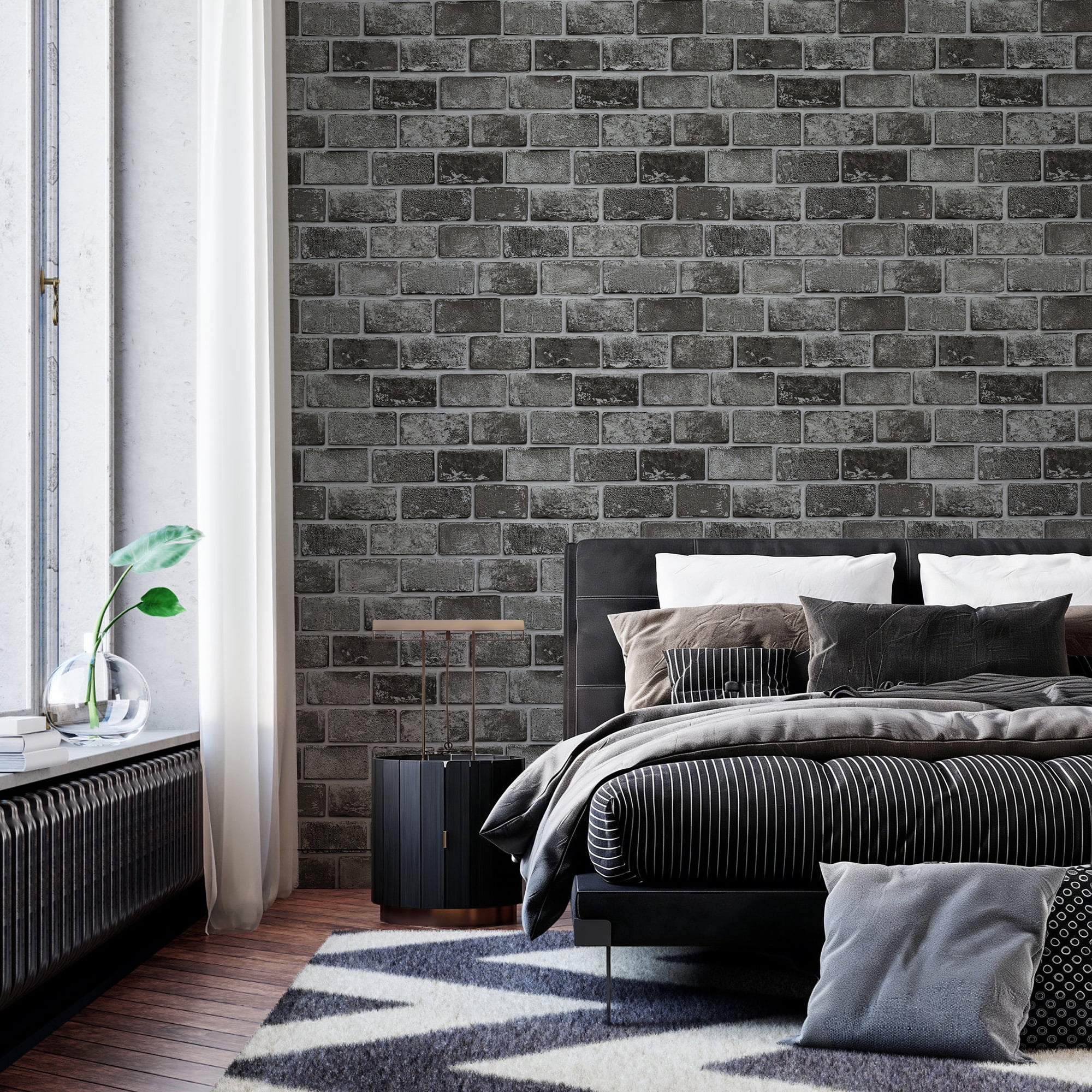 Abyssaly Peel and Stick Wallpaper, Realistic Silver-Foiled Brick Pattern, Removable Self-Adhesive Vinyl for Home Decor (Dark Gray, 17.3 in x 118 in) lv31k