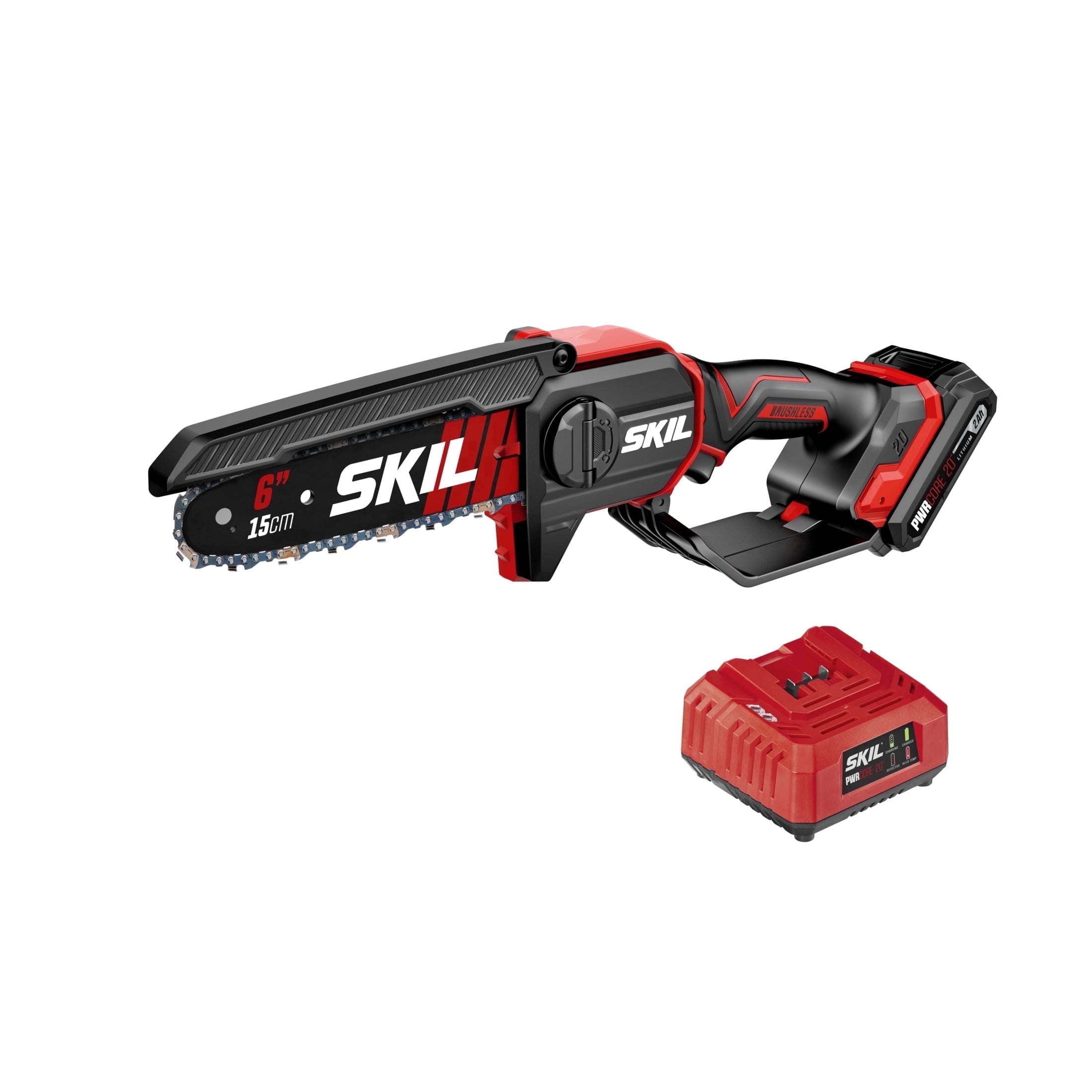 SKIL PWR CORE 20V 6-Inch Electric Chainsaw, Brushless Cordless Pruning Saw with Battery and Charger (Red, 6 in) frp92
