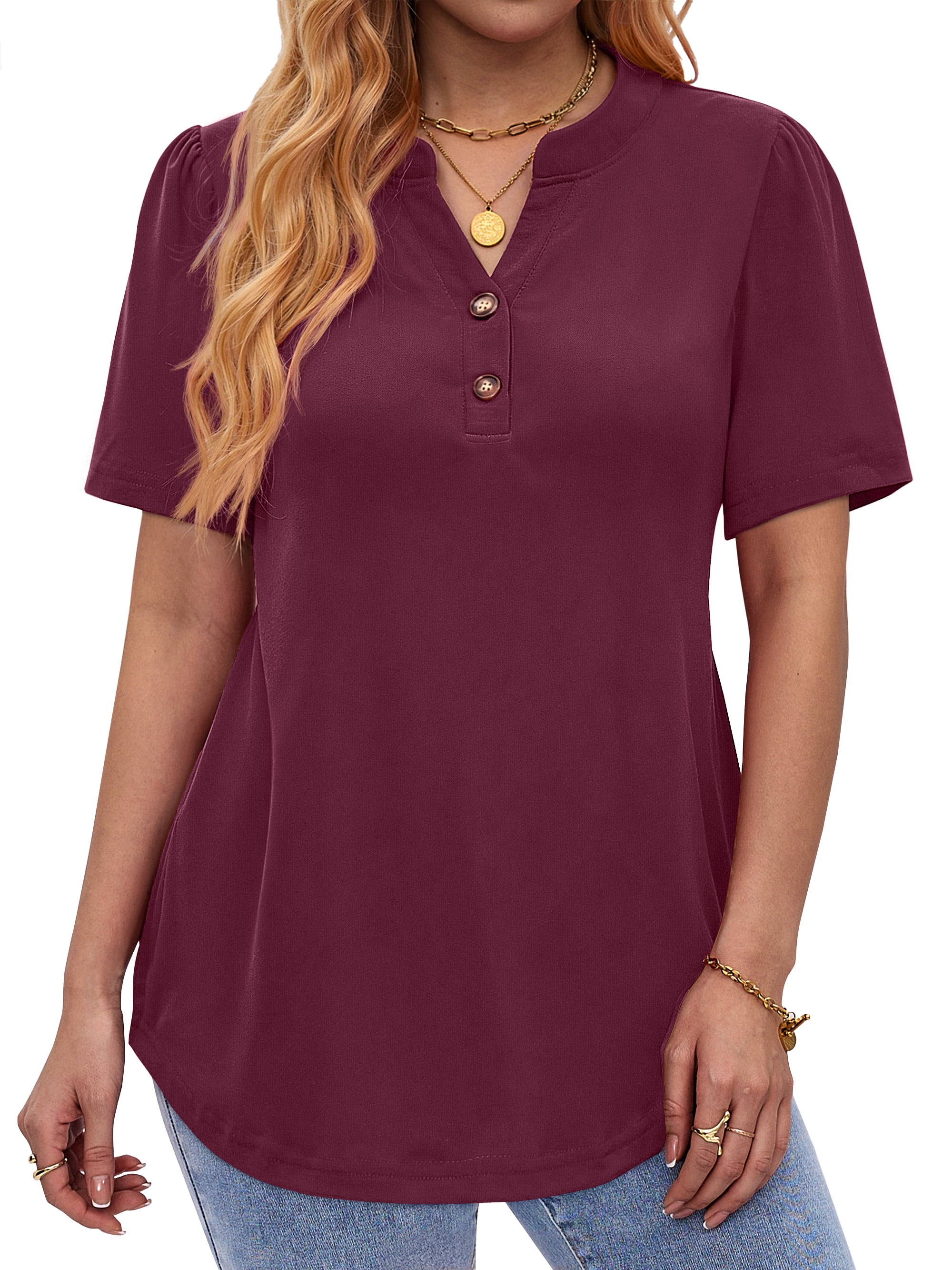 Fantaslook Women's V-Neck Henley Blouse Short Sleeve Casual Dressy Summer Top (Red, L) gams1