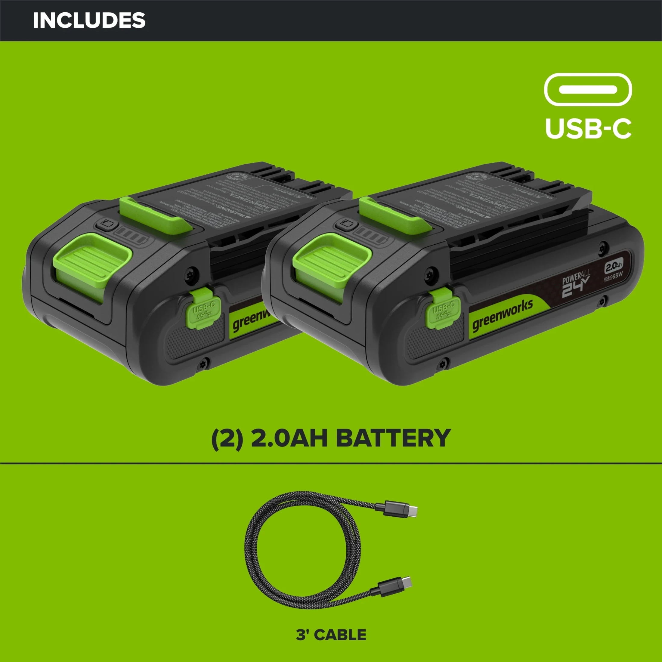 Greenworks PowerAll 24V Lithium-Ion Battery (2-Pack, 2.0 Ah) x9924 - Image 2