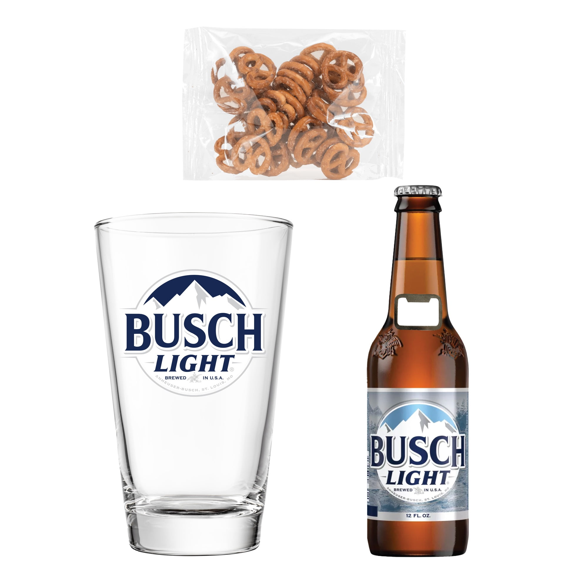 Busch Light Pint Glass and Opener Gift Set with Pretzel Twists (16 oz Glass, 1 oz Pretzels) r2hjv
