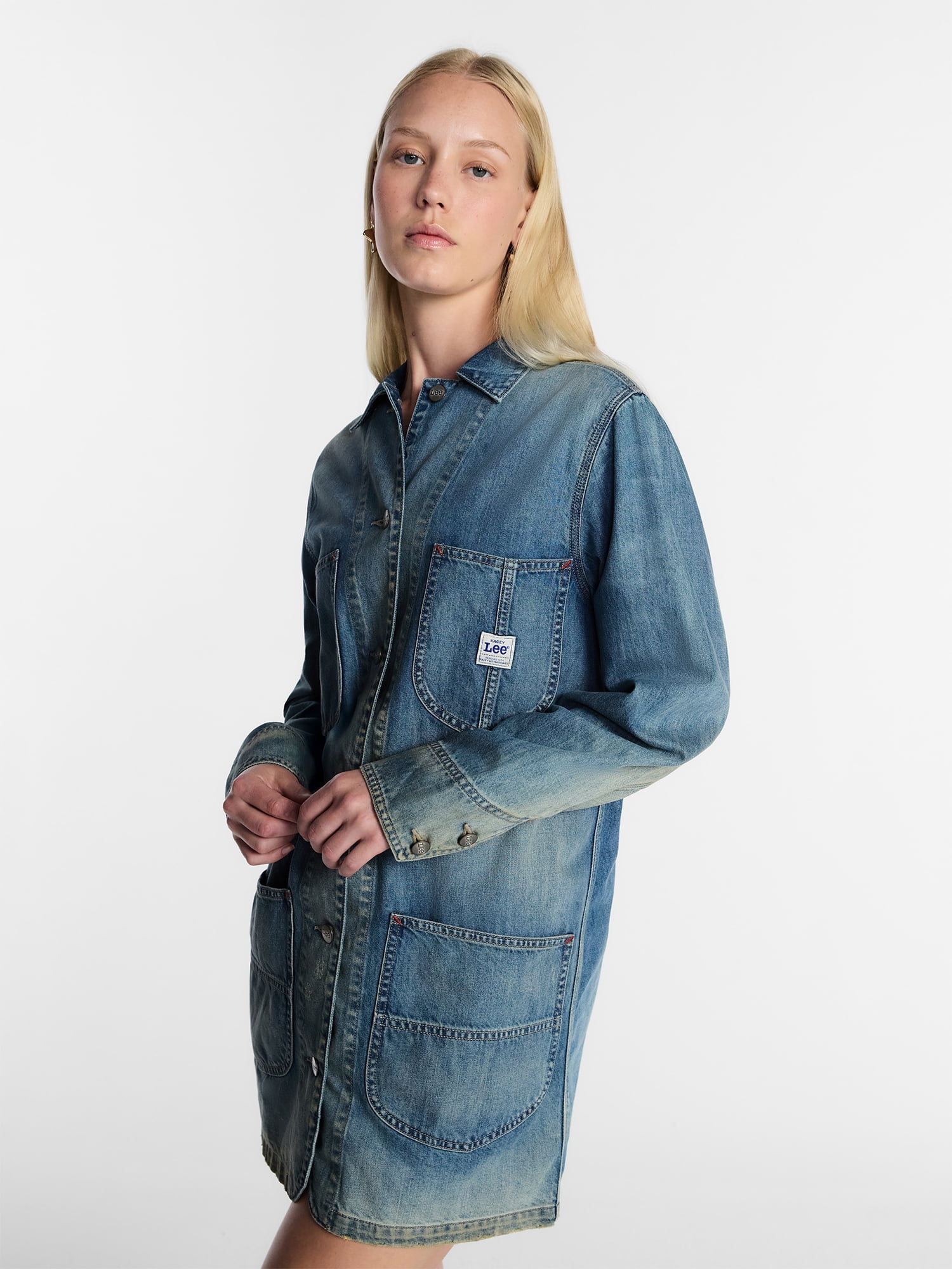 Kacey Lee Women's Denim Chore Dress Long Sleeve Button Front Mini (Blue, S) f1ror