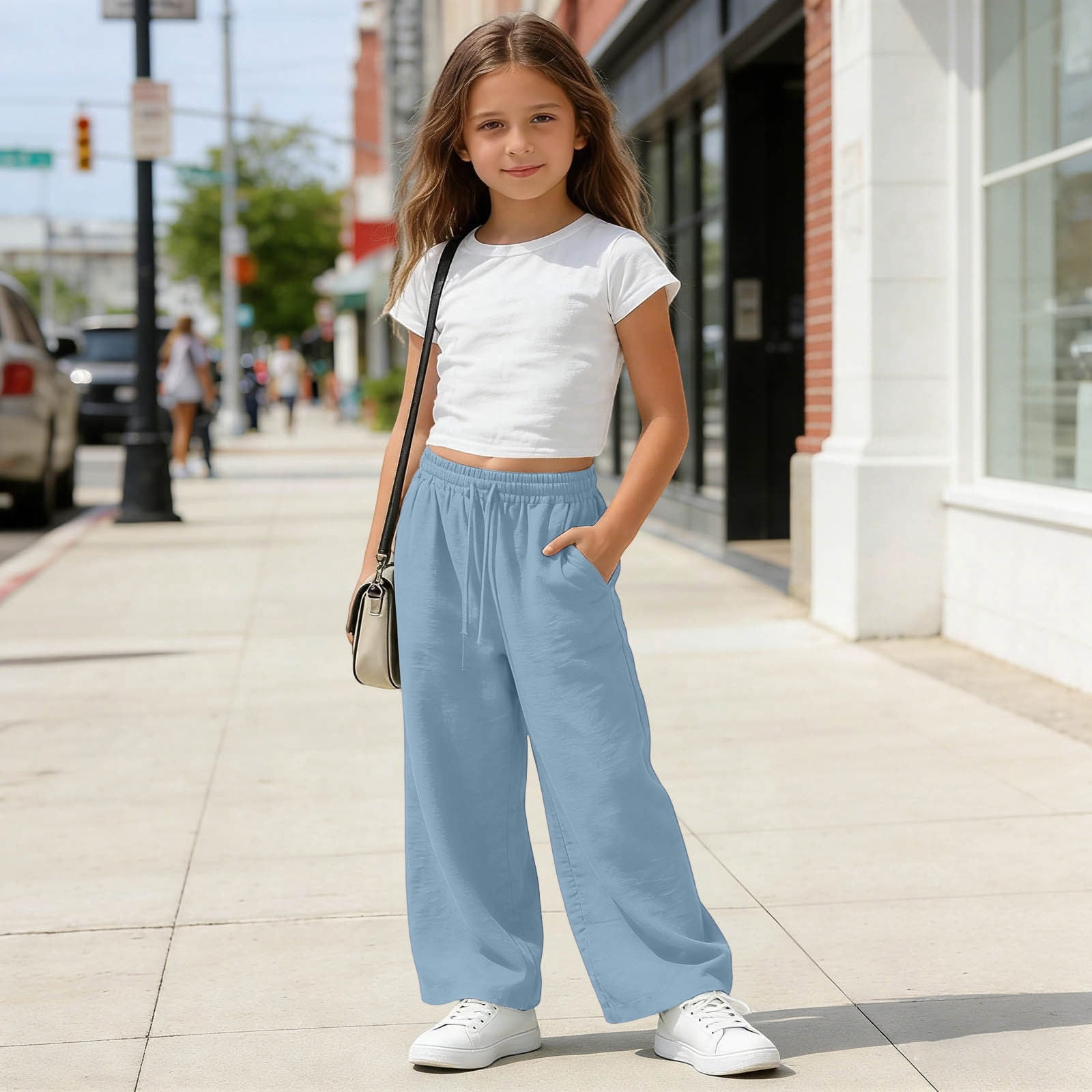 Atogsazn Kids Girls Wide Leg Sweatpants Casual Jogger Pants with Pockets (Light Blue, 5-6 Years) jpw1f