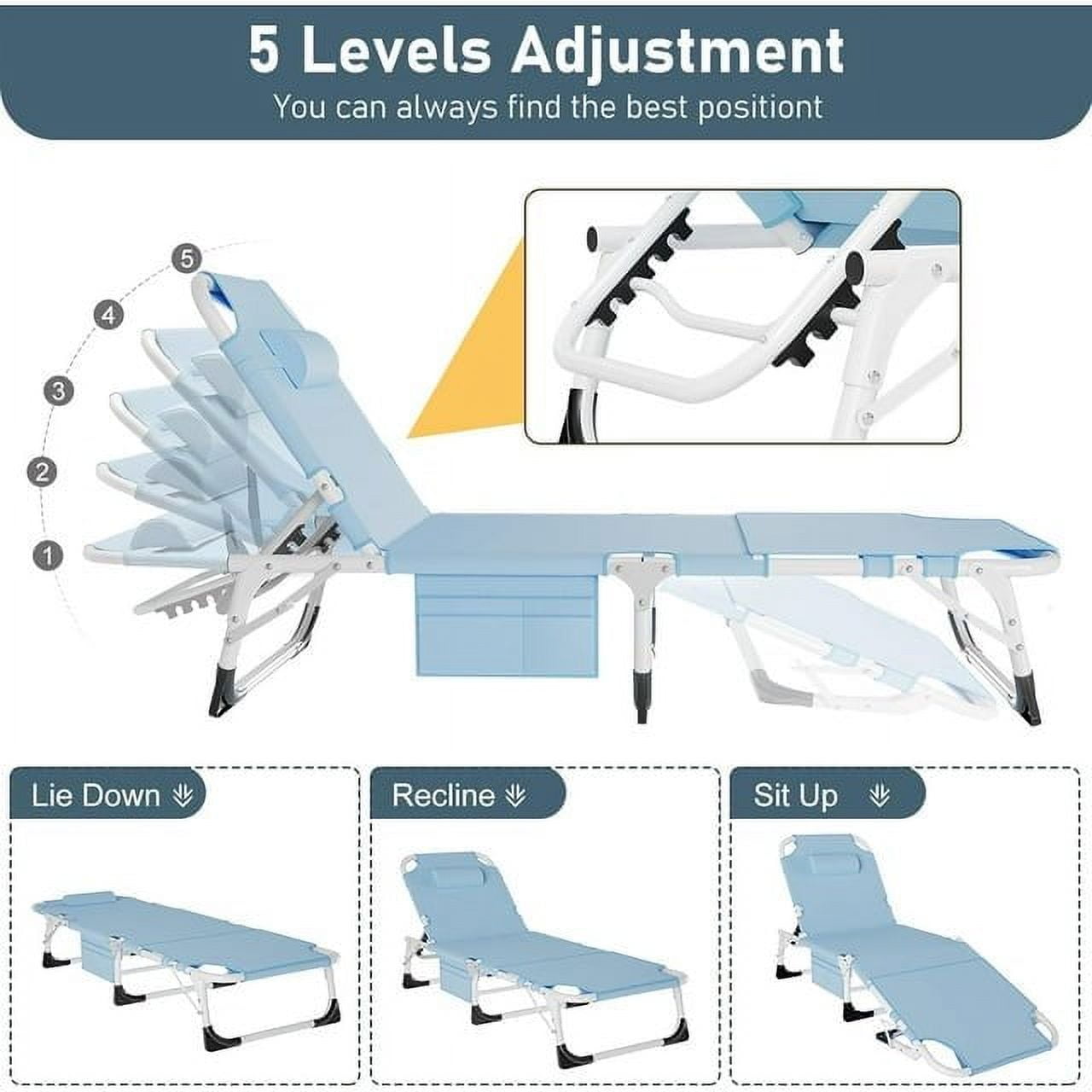 Lilypelle 3-in-1 Folding Sun Tanning Lounge Chair with Face Hole and 5 Adjustable Positions (Blue, 75.2 in x 25.6 in) 6vfq8