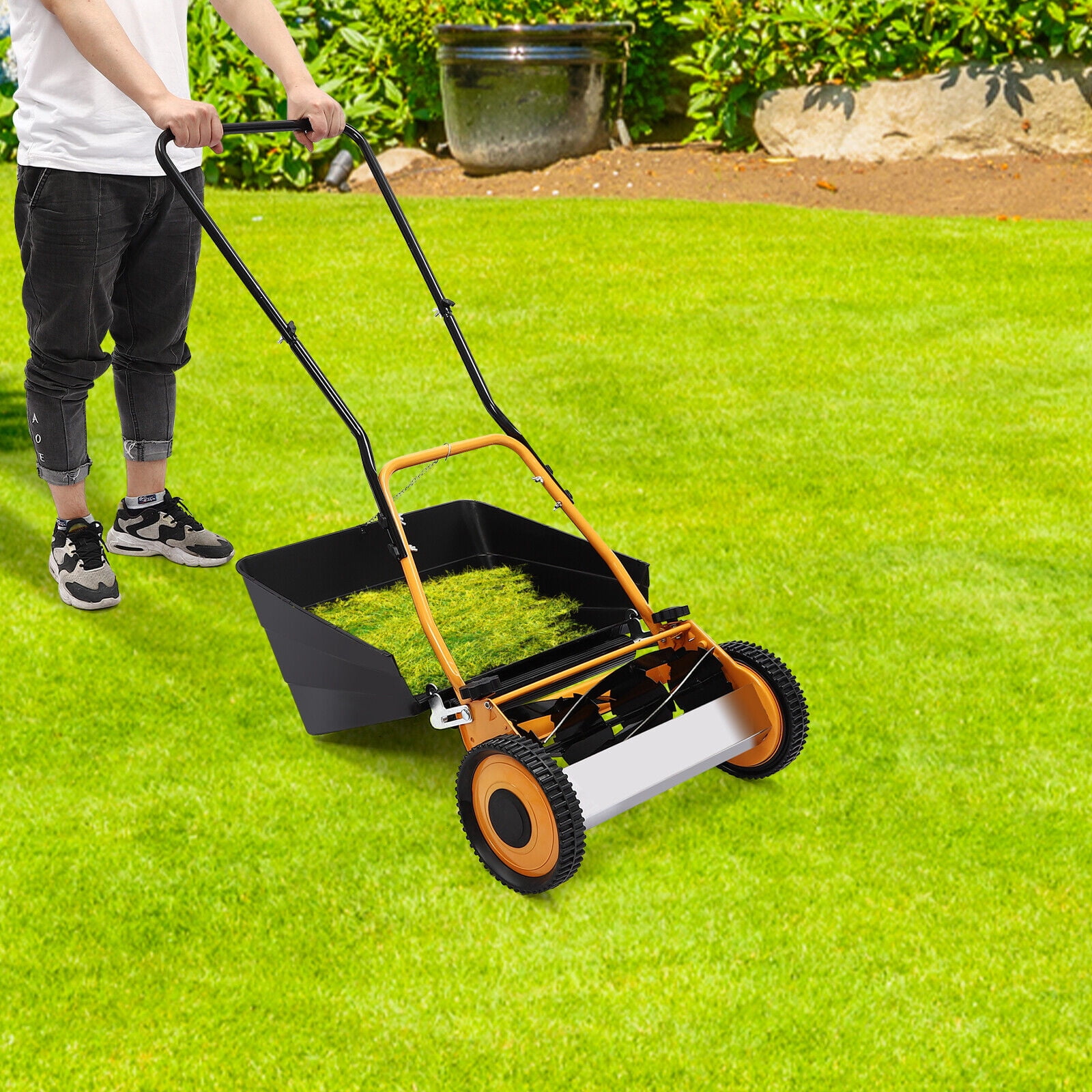 Generic 16-inch Manual Hand Push Lawn Mower with Grass Catcher (Black, 16 in) s1j2u