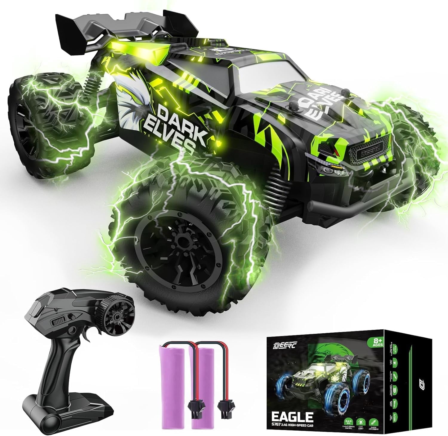 DEERC Remote Control Car, All-Terrain Off-Road Monster Truck with LED Lights and 2 Rechargeable Batteries (Green, 1 Pack) nyho8