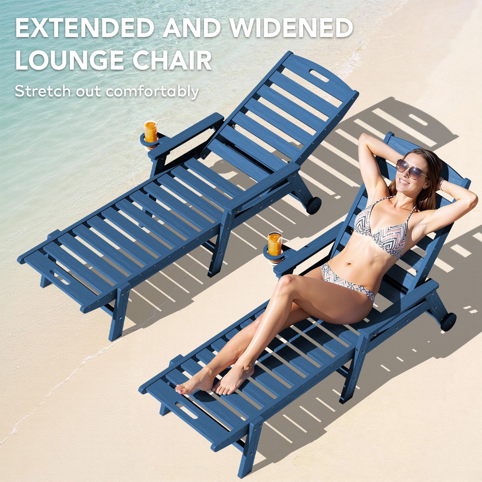Loyalice Adjustable Wheeled HDPE Outdoor Patio Lounge Chair with Cup Holder (Navy Blue, 78.3 in x 25.1 in x 16.3 in) 2nwno