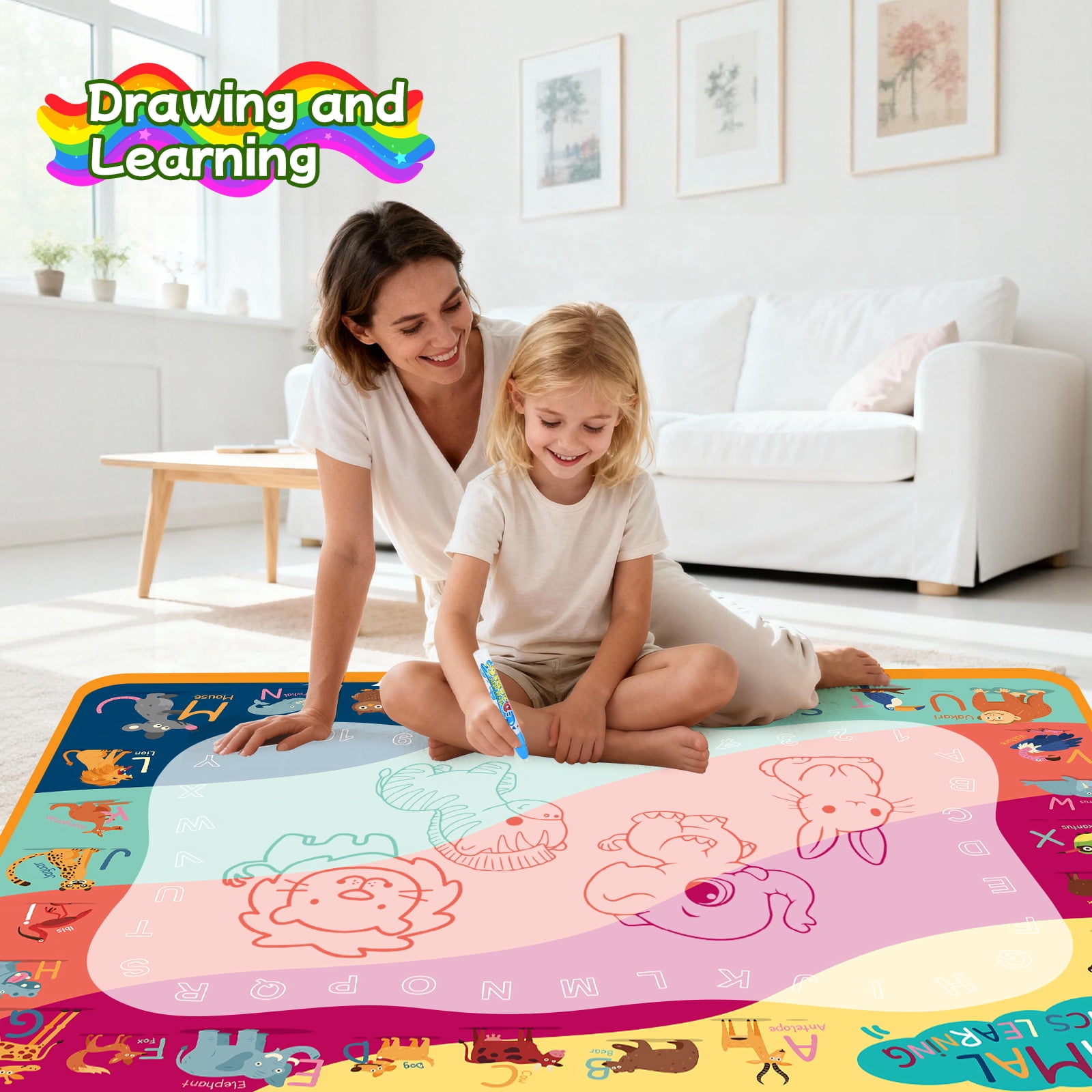 WLBES Water Doodle Mat, Reusable Mess-Free Aqua Drawing Pad for Toddlers (Multicolor, 30 in x 30 in) 2u7dm