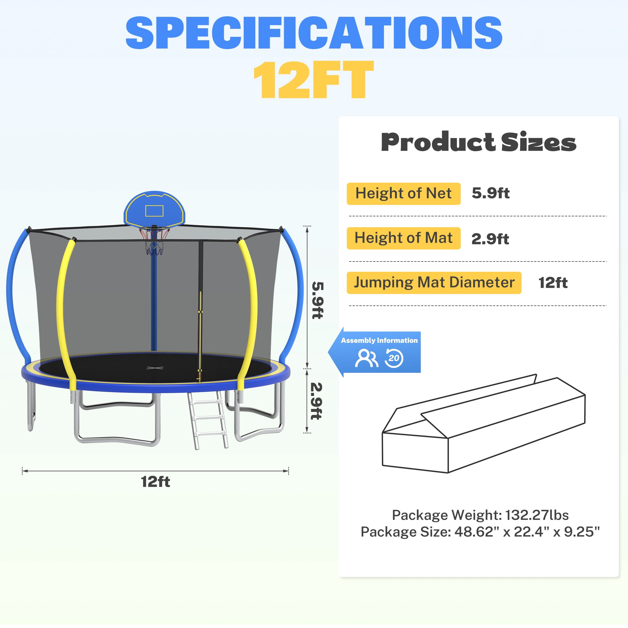 Segmart 12 ft Round Outdoor Trampoline with Enclosure Net and Ladder (Blue, 12 ft) dpdol