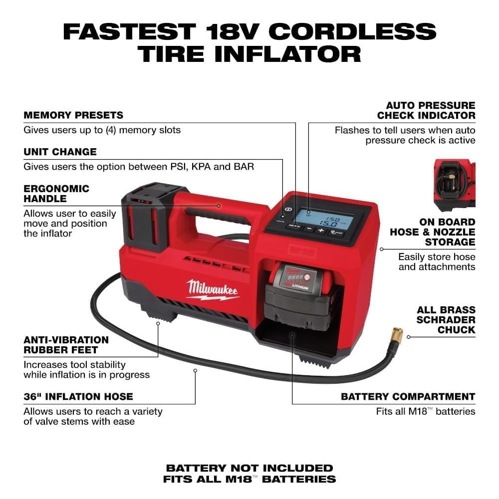 Milwaukee M18 Cordless Tire Inflator (2848-20, 18V) v400v
