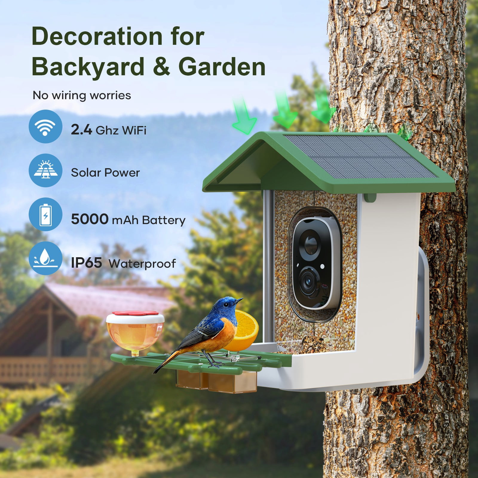 MADTASK Smart Bird Feeder with Camera, Solar Powered Outdoor Wireless WiFi Birdhouse with AI Recognition (Green, 1 Pack) nvml9