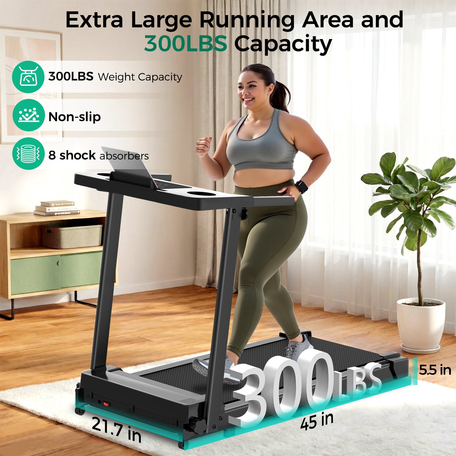 Tomile Folding Treadmill, 3.0 HP Walking Pad for Home Fitness, Compact Running Machine with LED Display (Black, 300 lb Capacity) nsnm6
