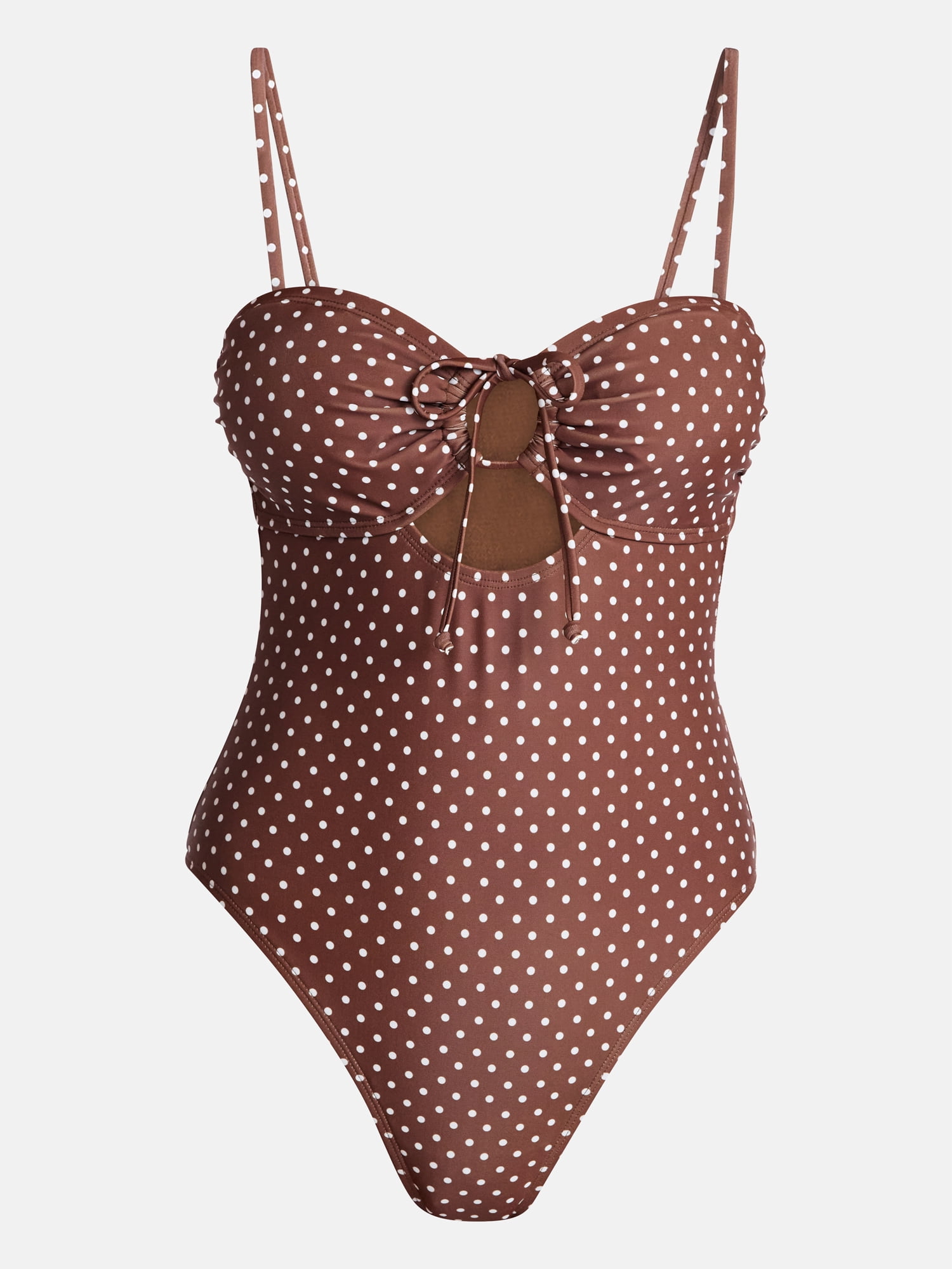 No Boundaries Polka Dot Tie Front Bandeau One Piece Swimsuit (Brown, XXS) 9upal