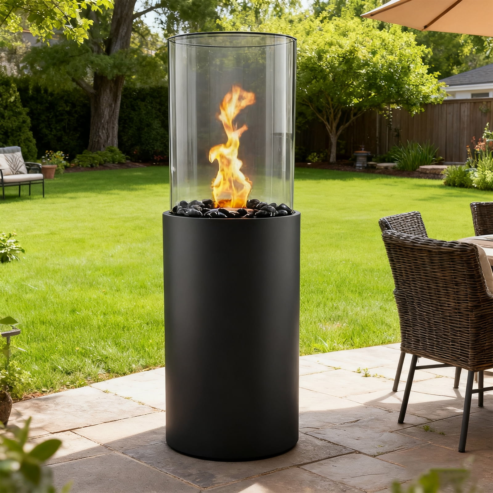 CROWN FIRE Standing Fire Pit with Decorative Stones (Black, 12 in) jepui