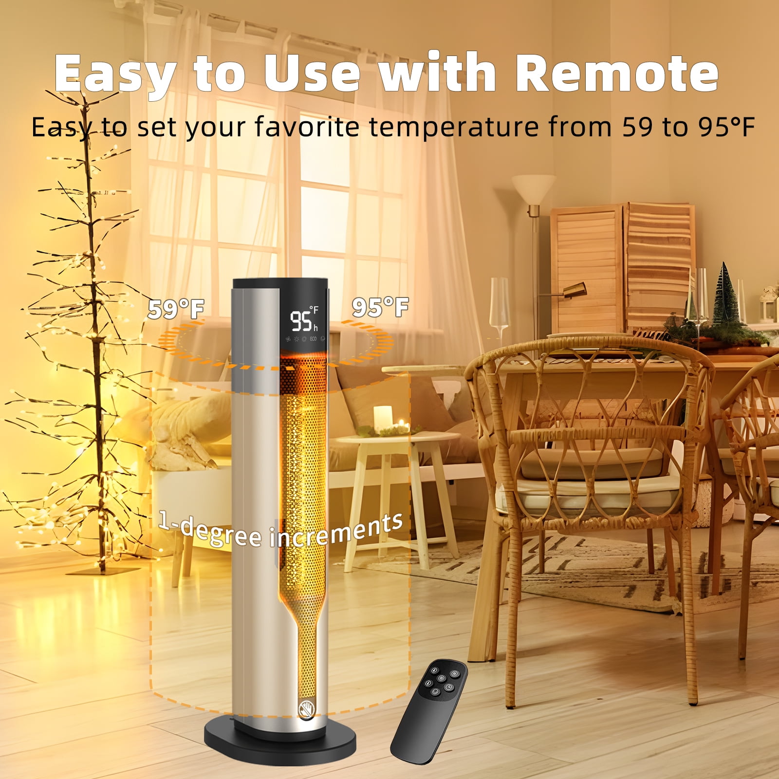 SHYUJAJIE 24 in Oscillating Ceramic Tower Space Heater with Remote Control (Silver, 1500W) ngaty