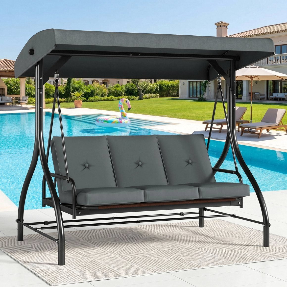 Arlopu 3-Seat Porch Swing, Outdoor Patio Swing Chair with Adjustable Canopy and Removable Cushions (Gray, 57 in) x1s5b