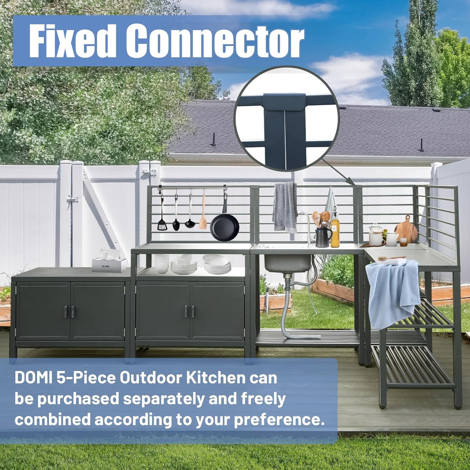Domi Outdoor Living 5-Piece Modular Outdoor Kitchen Set, Aluminum Storage Islands with Sink and Grill Cabinet (Grey, 5-Piece Set) 4p2rp