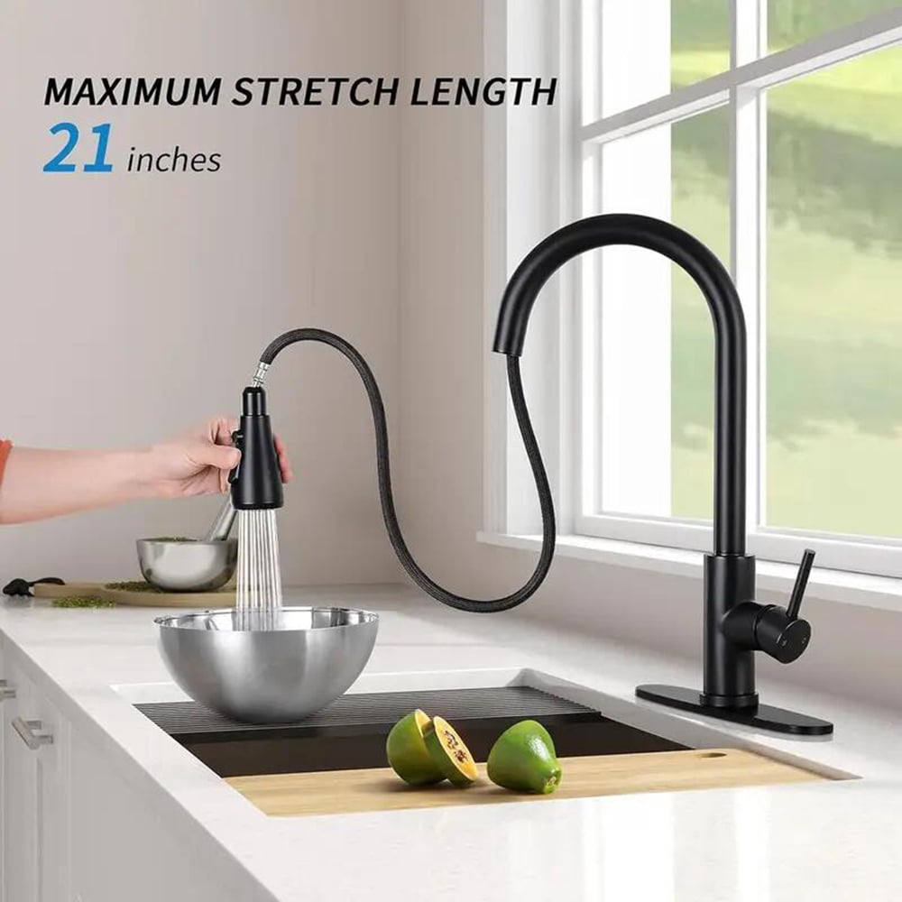 Senlesen High Arc Pull Down Kitchen Faucet with Sprayer and Deck Plate (Matte Black, 15.7 in) v1rit