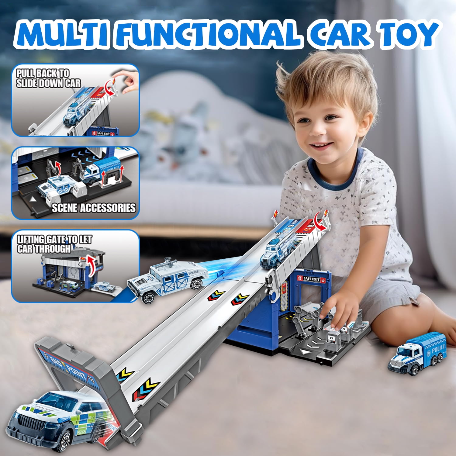 Sytle-Carry Die-Cast Police Car Track Set, 2-in-1 Folding Storage Carrier with 4 Toy Vehicles (1 Set) niq88