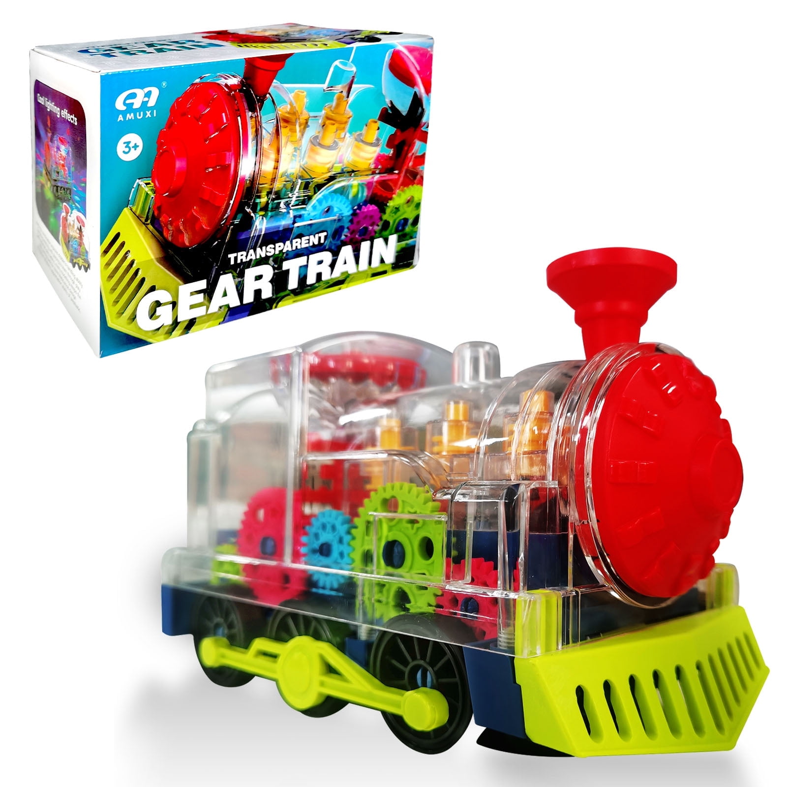 TiokMc Electric Gear Train Toy with Transparent Mechanical Design, Flashing Lights & Music (Clear, 6.7 in x 4.3 in x 3.5 in) tz6g9