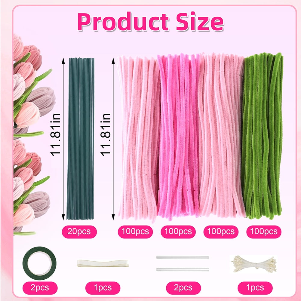 Yucurem Pipe Cleaners Craft Kit for DIY Flower Making, Chenille Stems with Floral Wires and Ribbon (Pink, 400 Pieces) rehc5