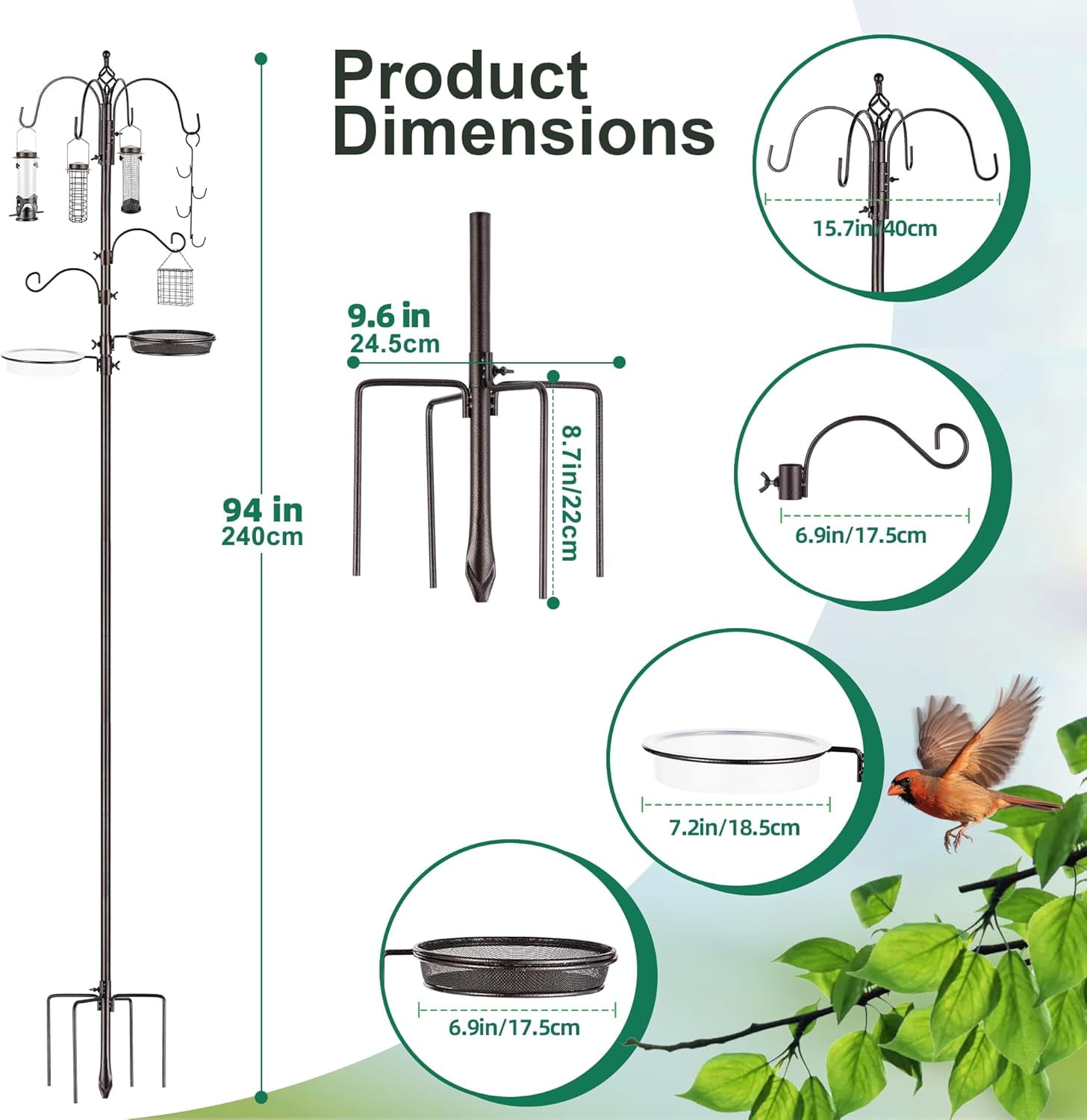 Urban Deco Bird Feeding Station Kit with 6 Hanging Hooks and Bird Bath (Black, 88.6 in) ncchl