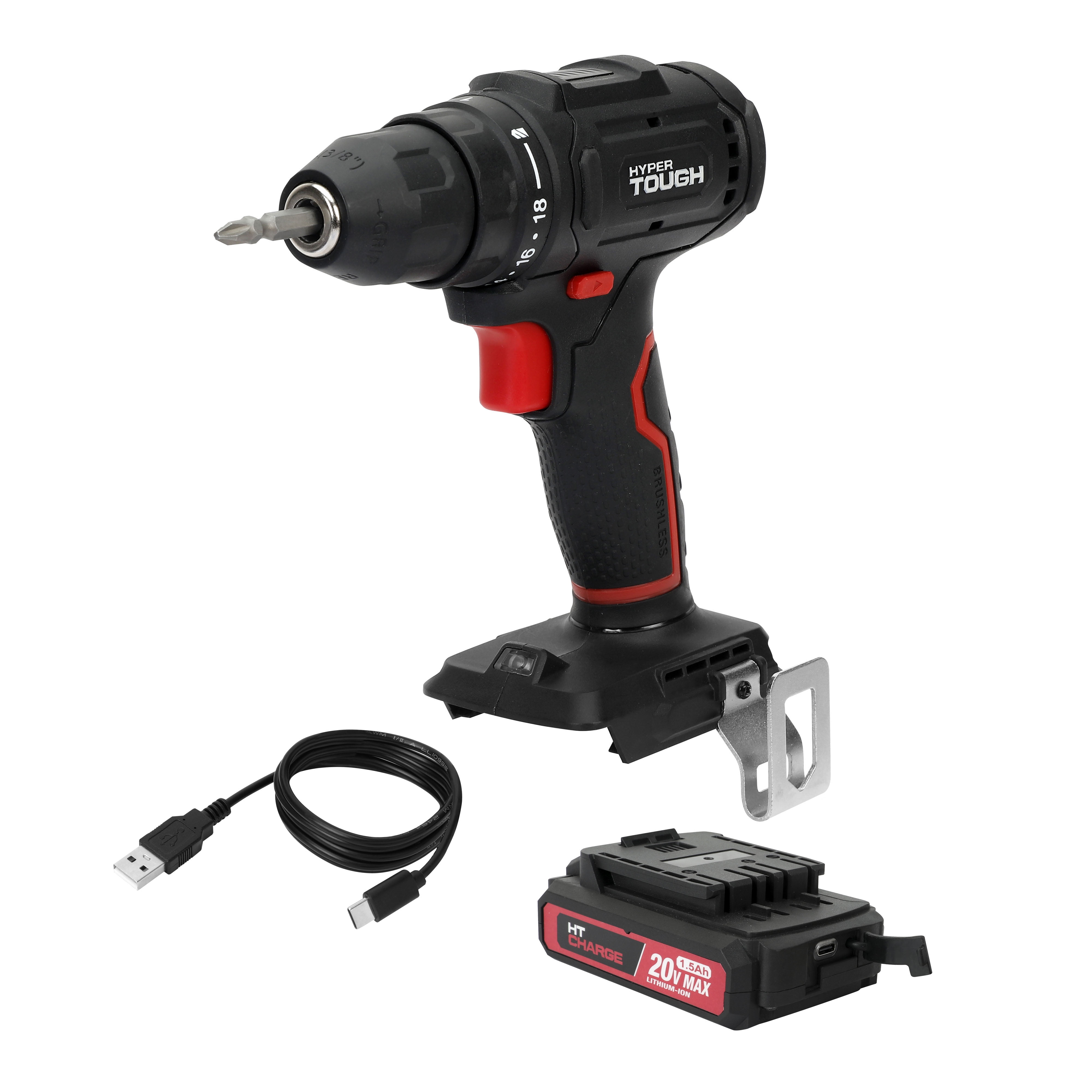 Hyper Tough 20V Brushless Cordless Drill with 1.5Ah Battery and USB-C Charging Cable (Black, 1-Speed) yd6l7