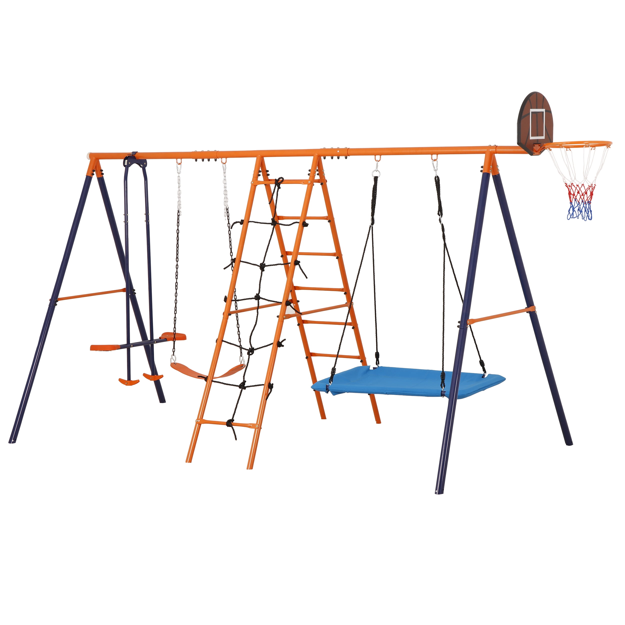 ZenSports 5-in-1 Outdoor Kids Swing Set with Saucer Swing, Belt Swing, Seesaw, Basketball Hoop, and Climbing Ladder (Orange, 660 lb Capacity) wfok7
