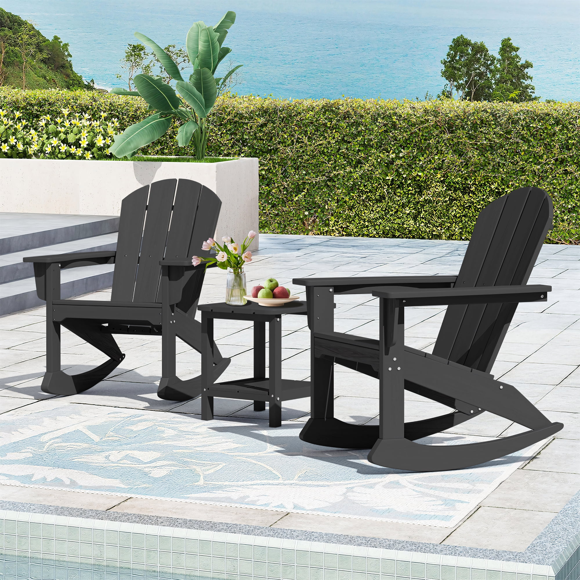 SERWALL Adirondack Rocking Chair, All-Weather HDPE Outdoor Patio Porch Rocker (Black, 33.46 in D x 28.94 in W x 38.19 in H) 8hgya