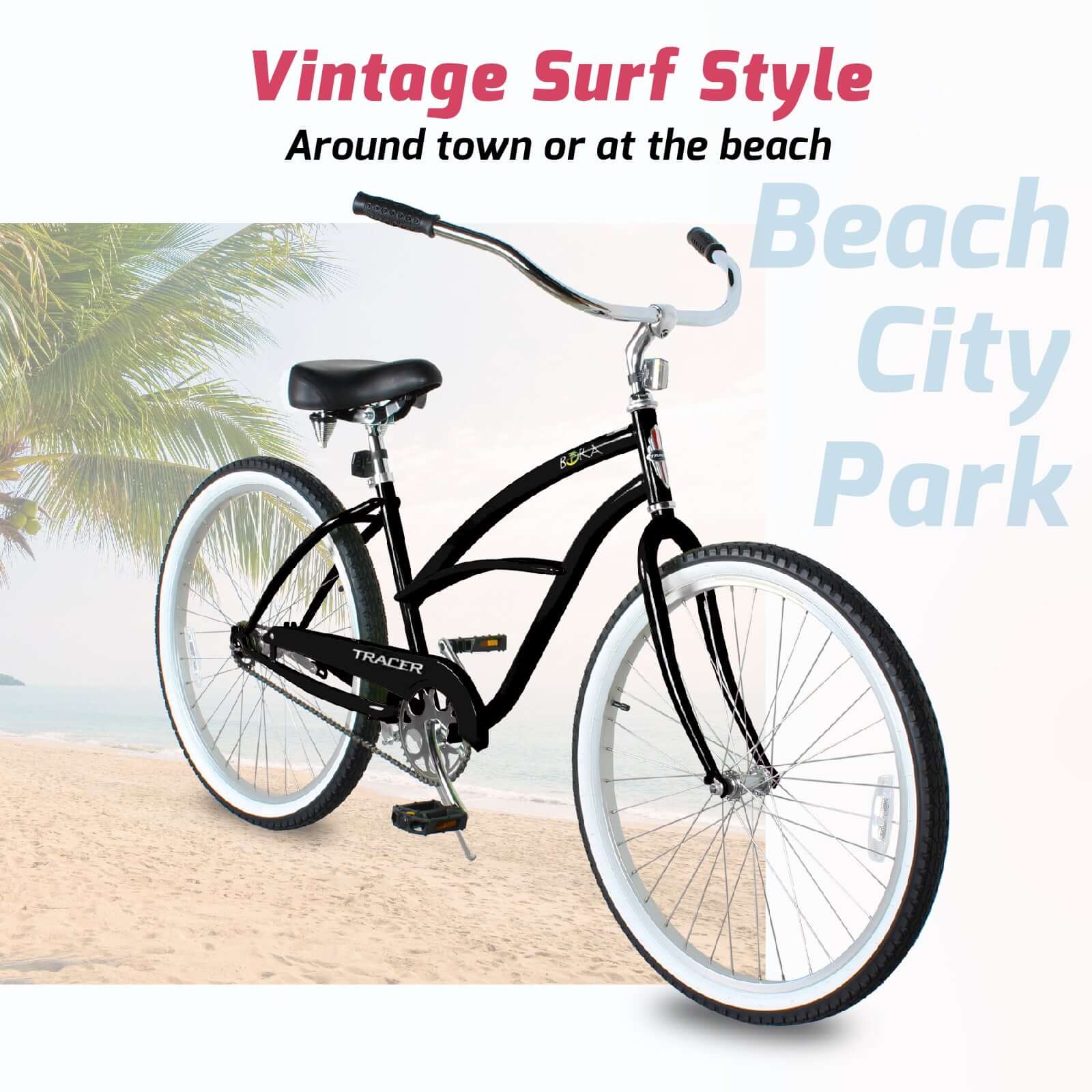 Tracer Bora Cruiser Beach Bike, Single Speed, 26 in Wheels, Durable Steel Frame (Matte Black) f3yjm