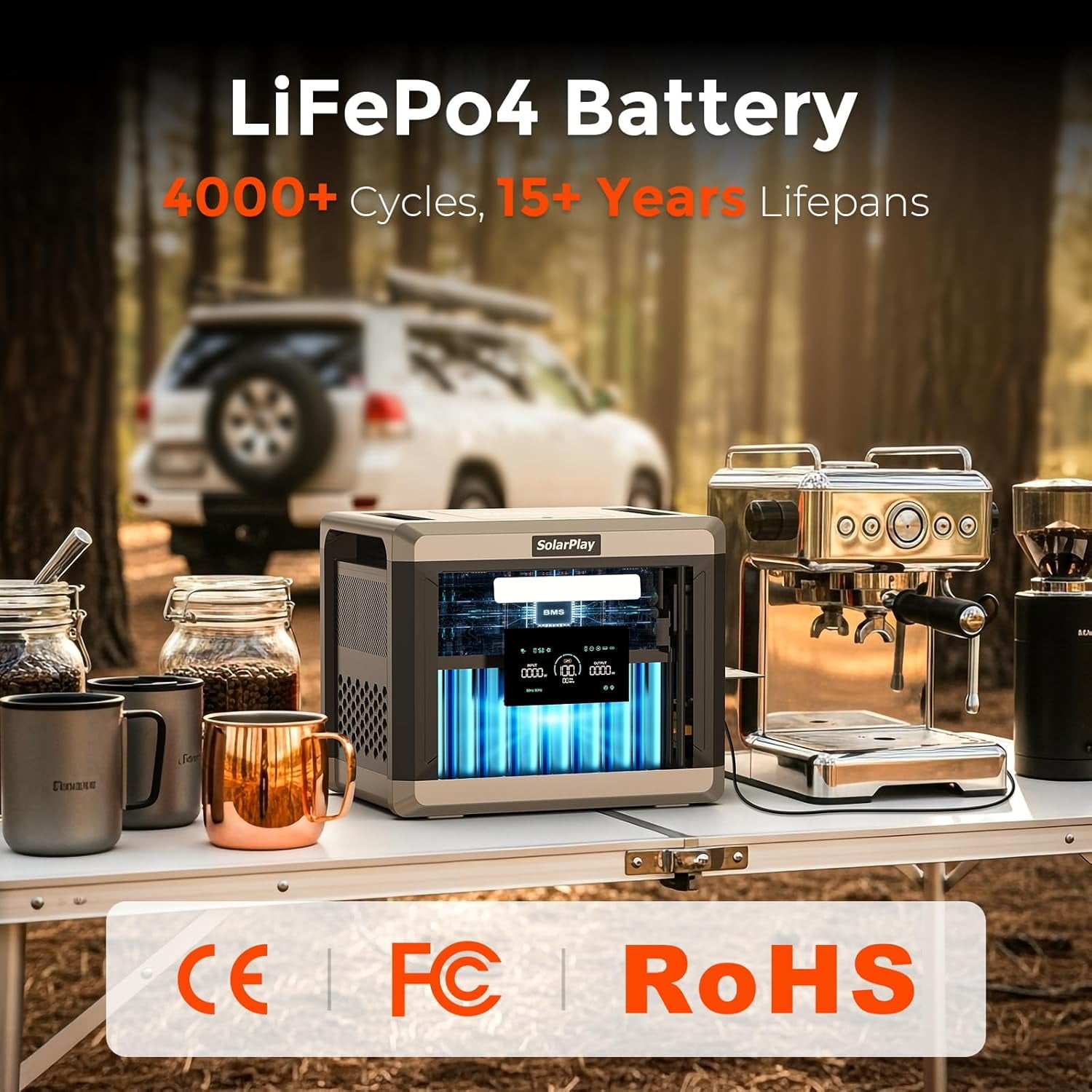SolarPlay 2400W Portable Power Station with Foldable Cart, 2160Wh LiFePO4 Battery, 4 AC Outlets (Black, 2160Wh) 1poj8