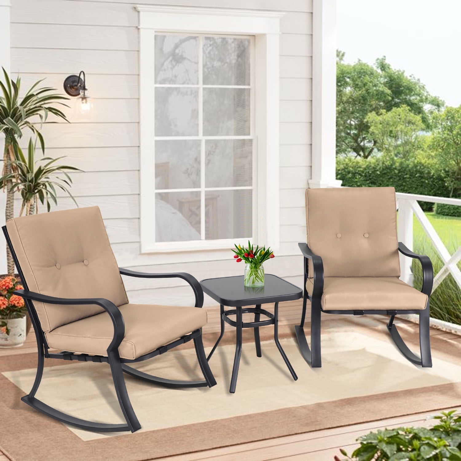 SOLAURA 3-Piece Outdoor Rocking Chair Bistro Set, Patio Furniture with Thickened Cushions and Glass-Top Coffee Table (Black, 3-Piece Set) 3g34t