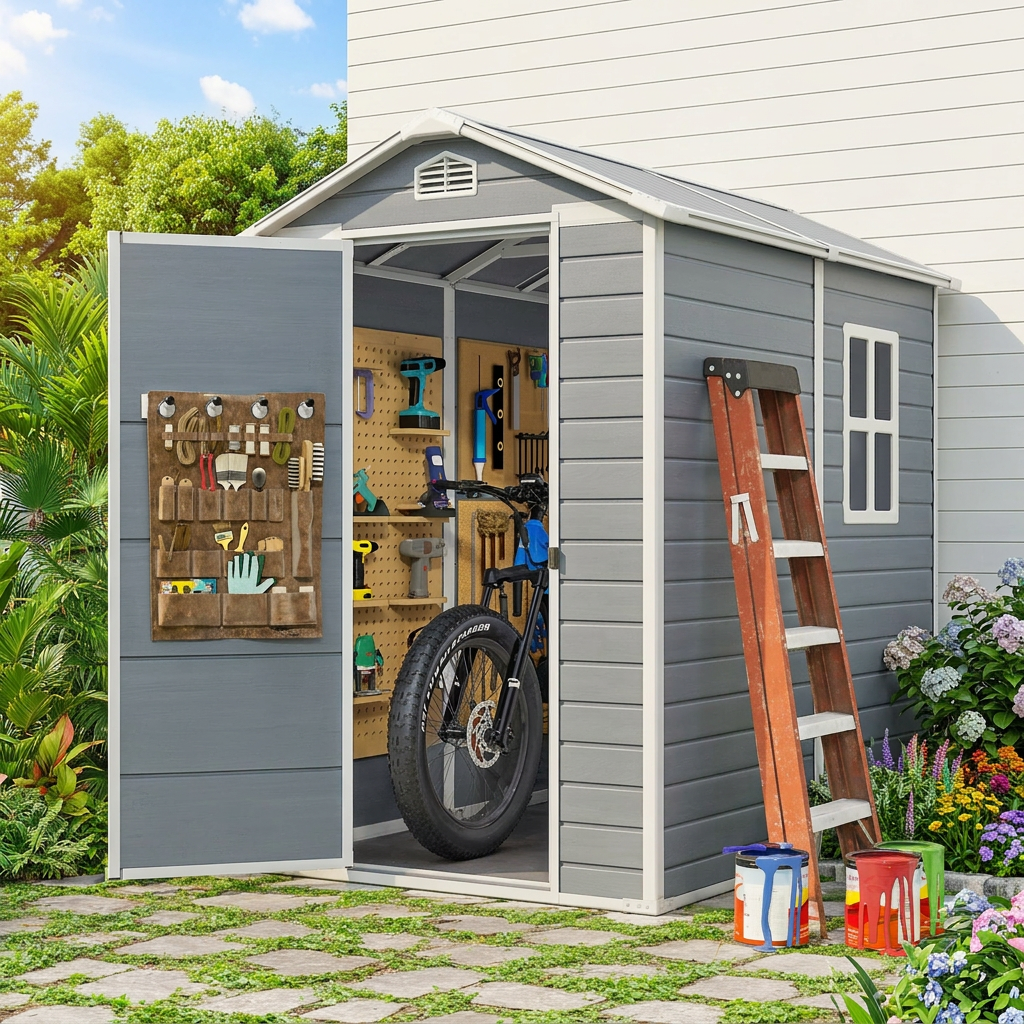 Asofer 6x4ft Resin Outdoor Storage Shed with Floor, Side Window & Lockable Door (Gray, 72.4 in x 48.8 in x 78 in) 045uf