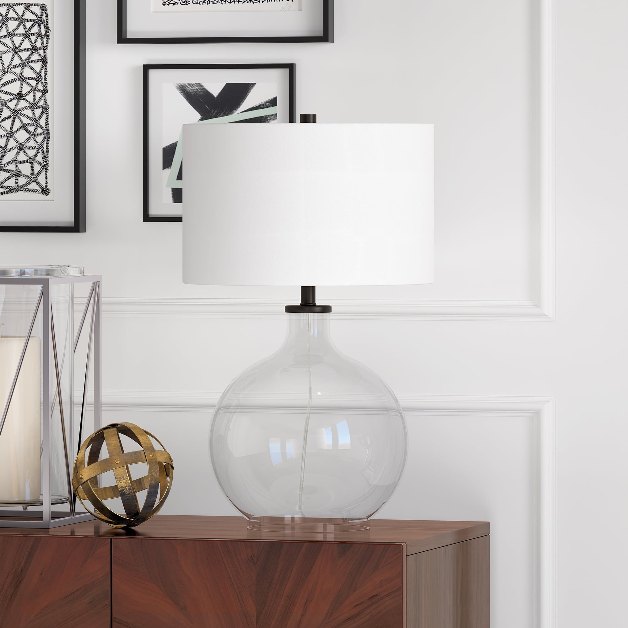 Evelyn&Zoe Modern Transitional Round Glass Table Lamp with Linen Shade (Black, 20 in Height) qd6bv