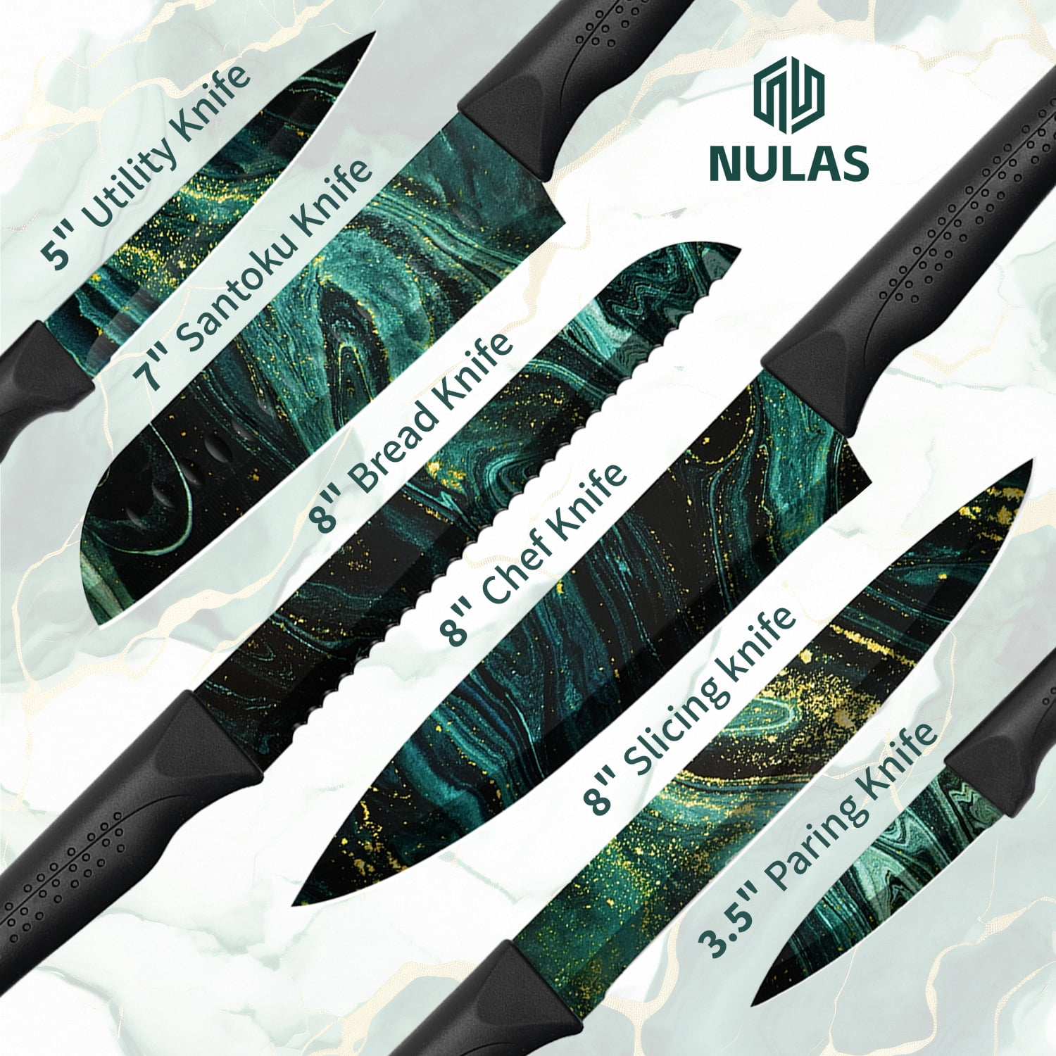 NULAS 6-Piece Kitchen Knife Set with Protective Covers, Stainless Steel Non-Stick Blades (Green, 6-Piece Set) dwj5t