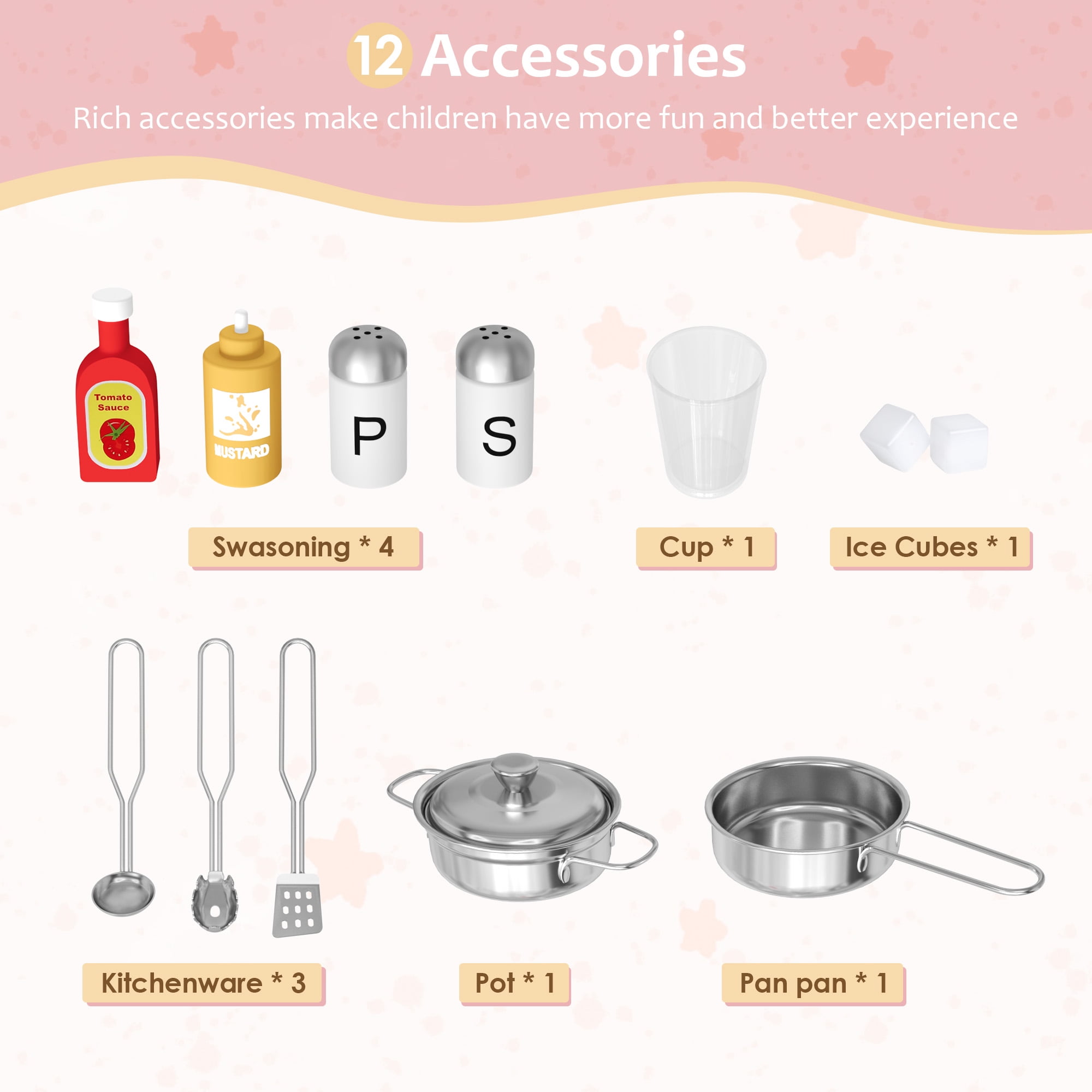 Hiphuta Wooden Kids Play Kitchen Set with 11 Accessories, Interactive Pretend Cooking Station (Pink, 1 Set) rk68r