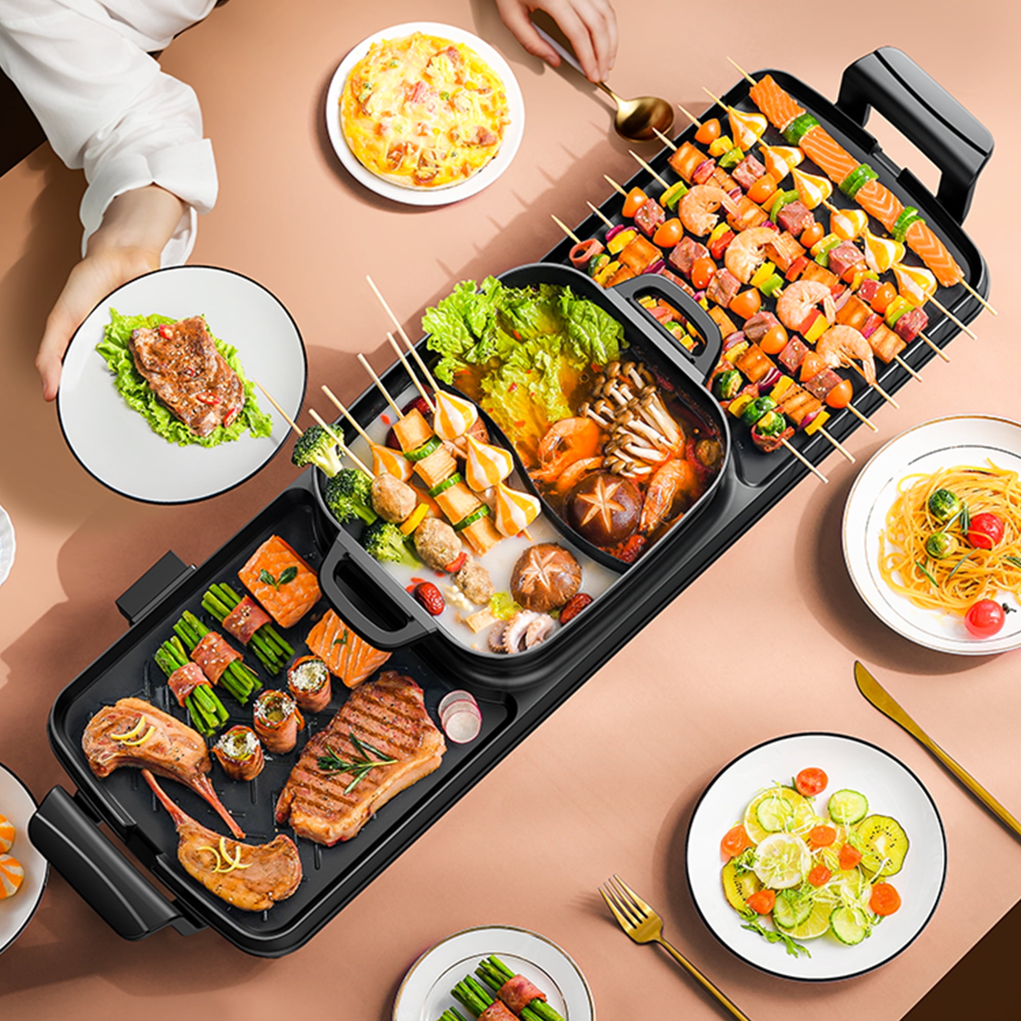 Aoran Kitchen 2-in-1 Electric Hot Pot and Smokeless BBQ Grill with Dual Temperature Control (Black, 2200W) 1at3f