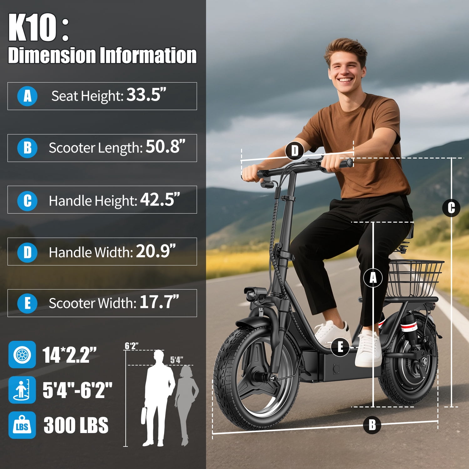 AKSGO K10 Electric Scooter with Seat, Folding Commuter E-Scooter, 14 in Tires, 20 MPH Top Speed (Black) 98nav