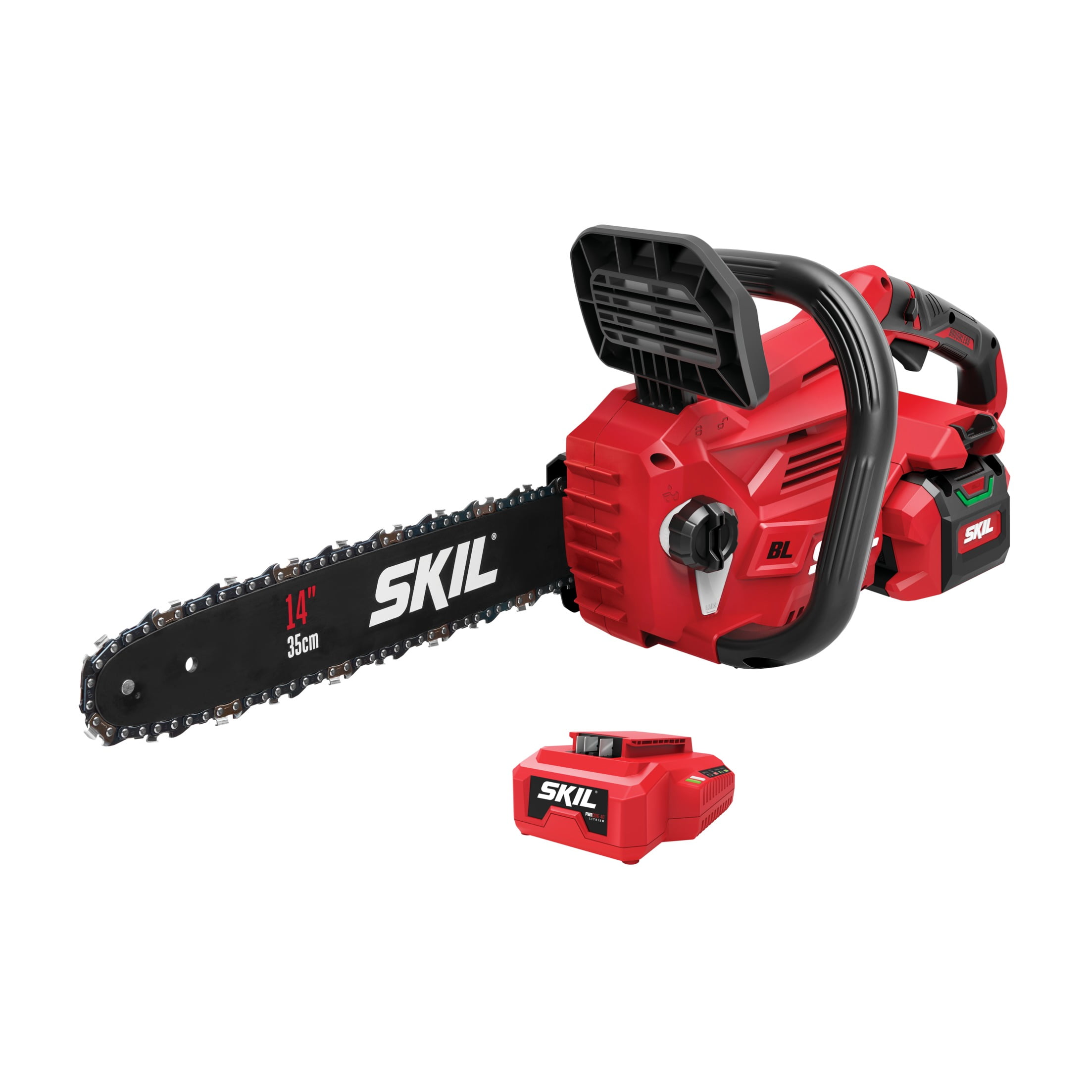 SKIL PWR CORE 40V Brushless 14-Inch Chainsaw Kit with 4.0Ah Battery and 60W Charger (Red, 14 in) yyyjt