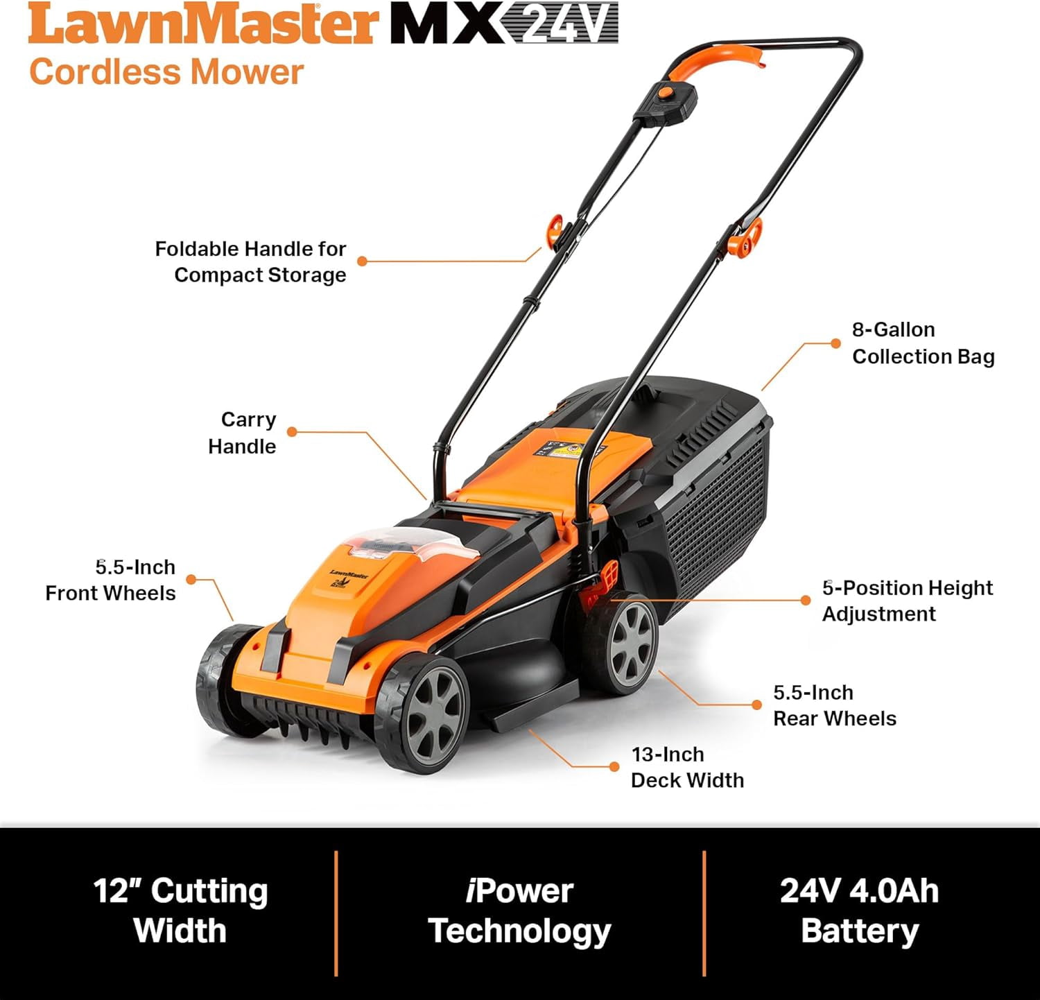 LawnMaster 24V Max Cordless Lawn Mower and Leaf Blower Combo Kit (13-inch Deck, 2x4.0Ah Batteries) e5lbq