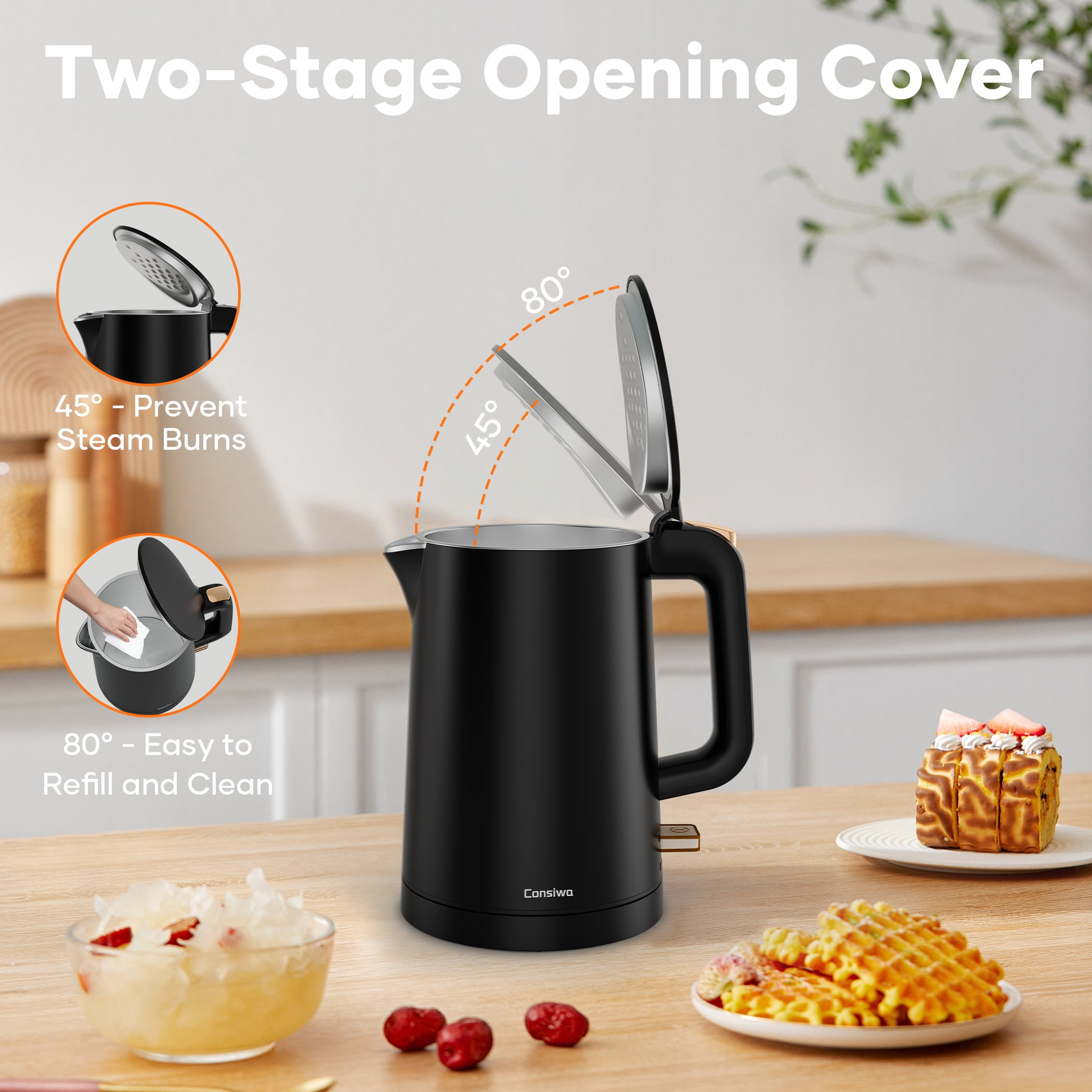 Consiwa Electric Kettle, Double Wall Stainless Steel Water Boiler, Quick Boil Mini Tea Pot with Auto Shut Off (Black, 27 fl oz) vw2d3