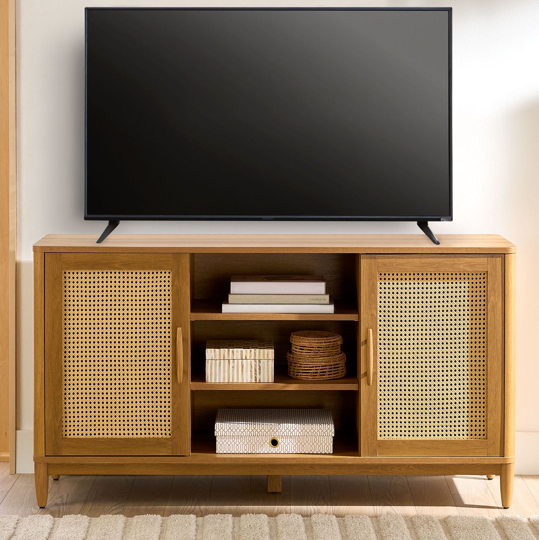 Better Homes & Gardens Springwood Cane TV Stand with Rattan Doors (Light Honey, 57.01 in L x 18.03 in W x 31.02 in H) ozi7a