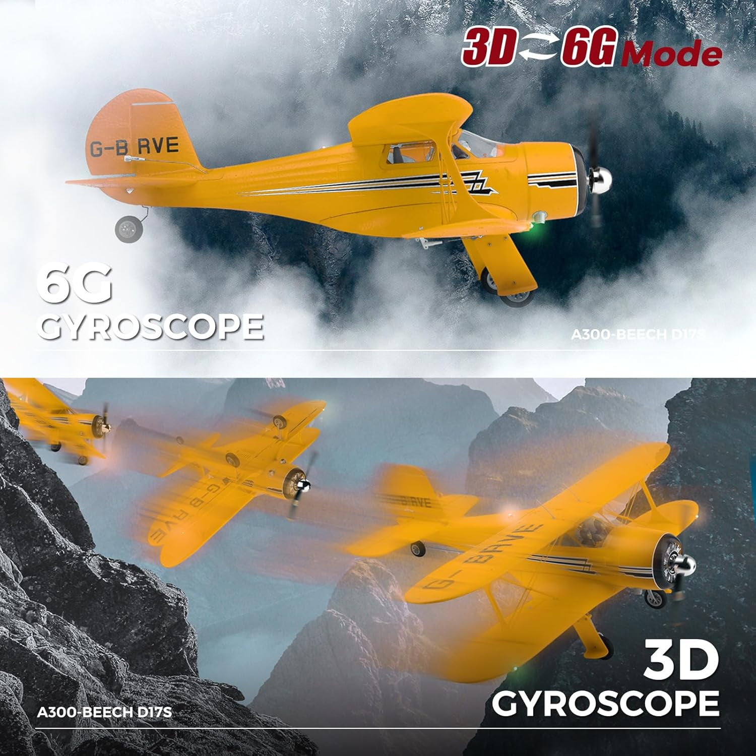 Bruce & Shark A300 RC Airplane Beechcraft D-17 4-Channel Brushless Remote Control Plane with Lights (Yellow, 2 Batteries) 35sy4