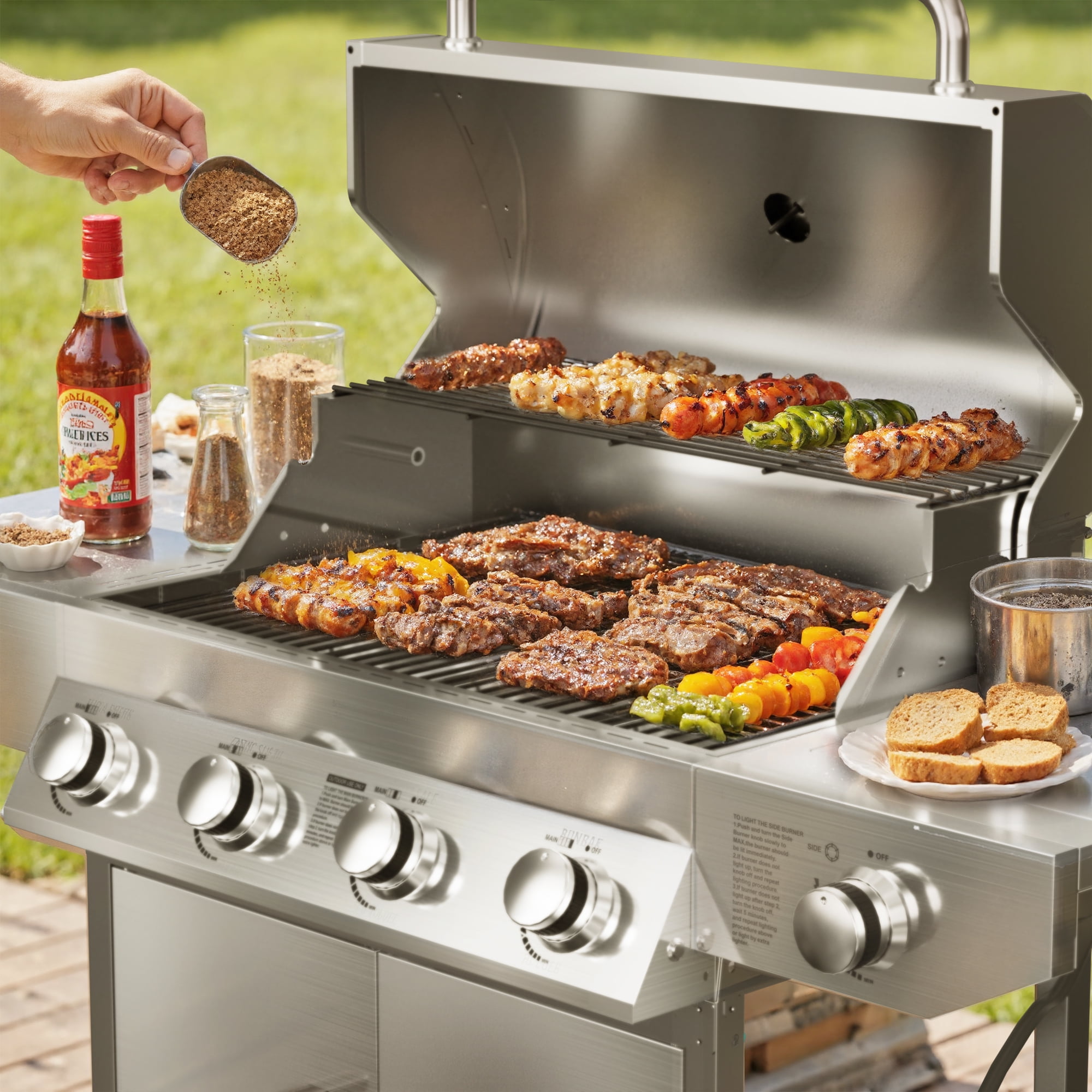 SKOK 4-Burner Gas Grill with Side Burner, Outdoor Propane Barbecue for Patio and Backyard (58,000 BTU, 393 sq.in Cooking Surface) 8a8uj
