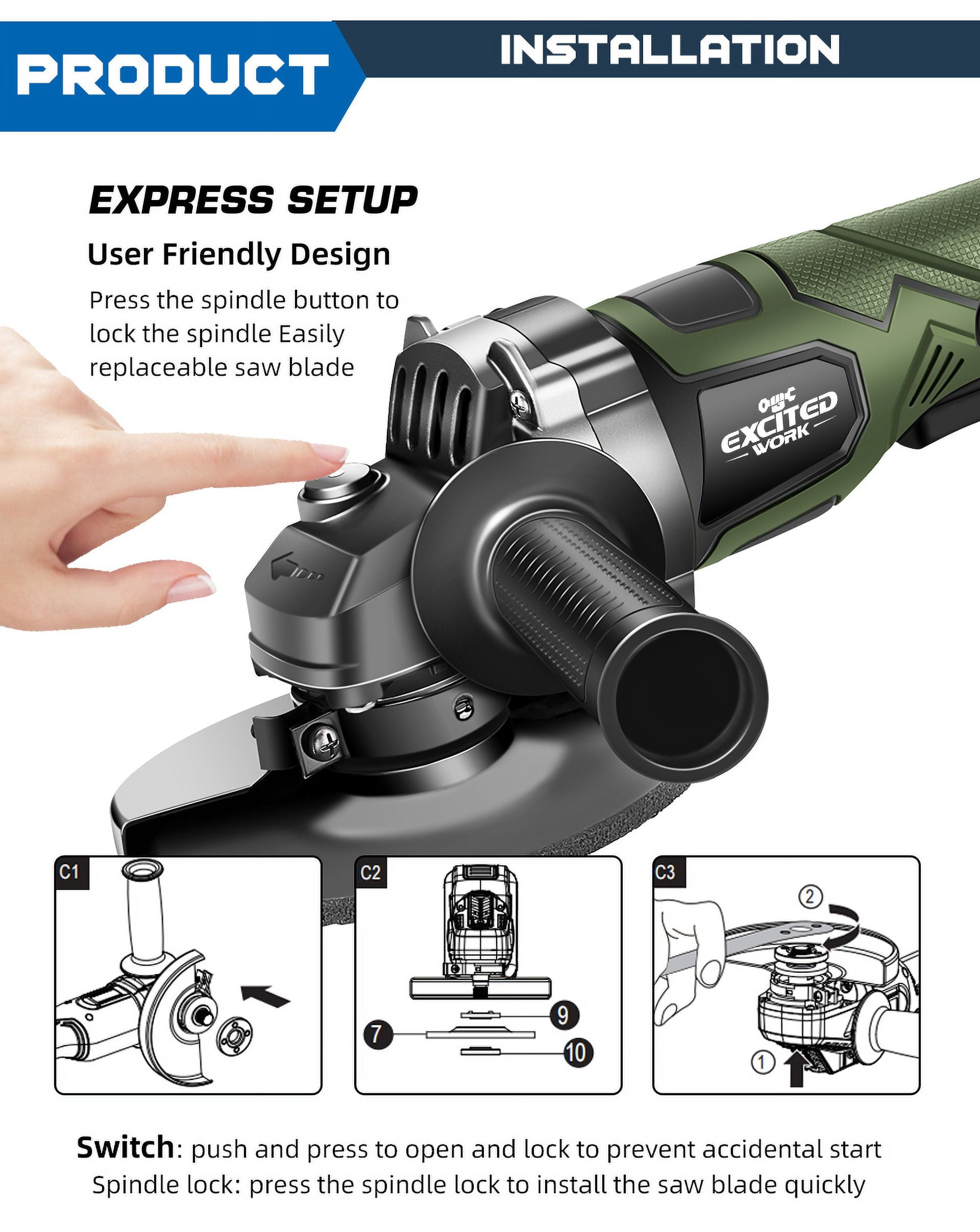 EXCITED WORK 21V Cordless Angle Grinder, Brushless Electric Metal Cutting Tool with 2 Batteries and Fast Charger (Green, 4.5 in) ikliu
