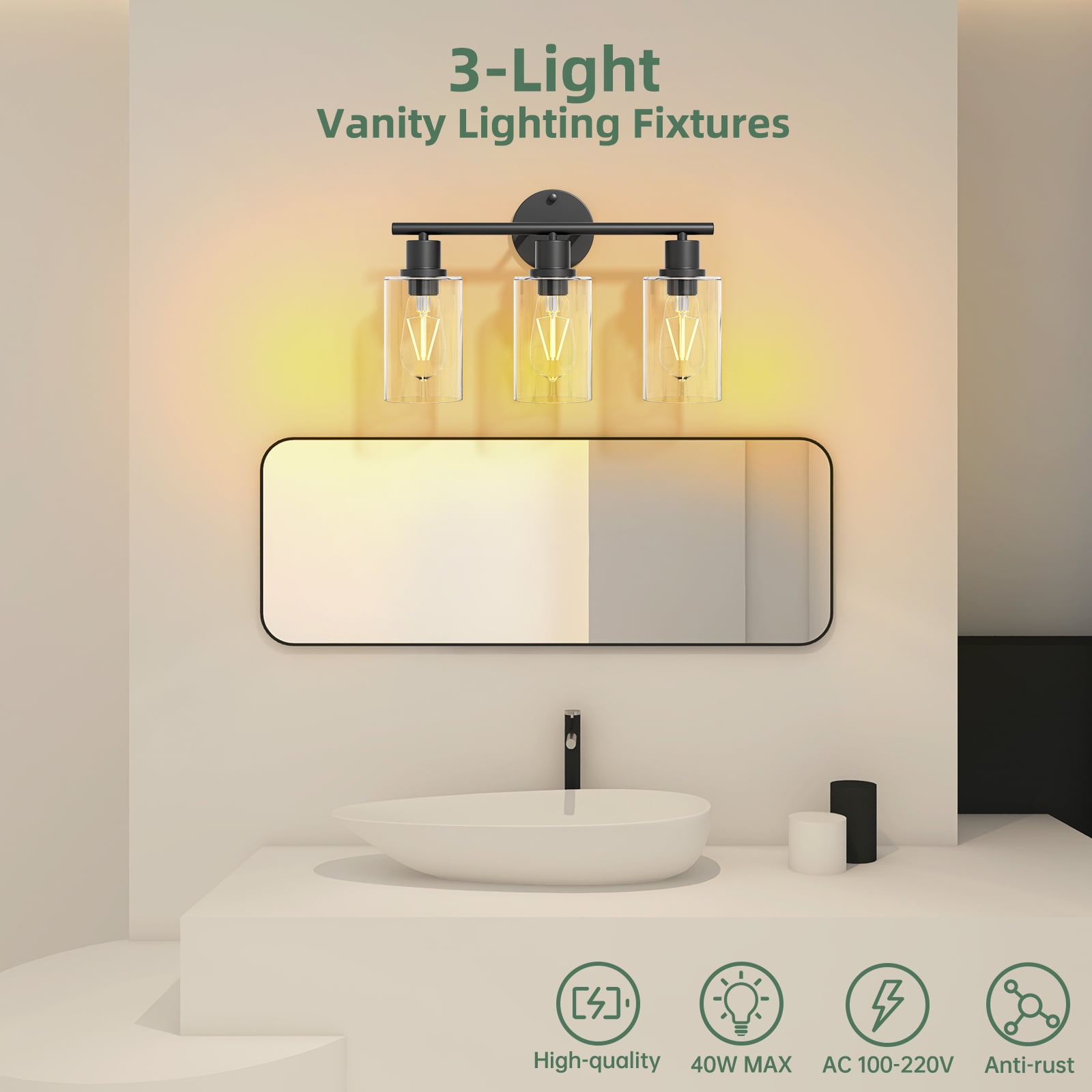 Cshidworld 3-Light Dimmable Vanity Light Fixture with Clear Glass Shades (Black, 22 in) w9c6d